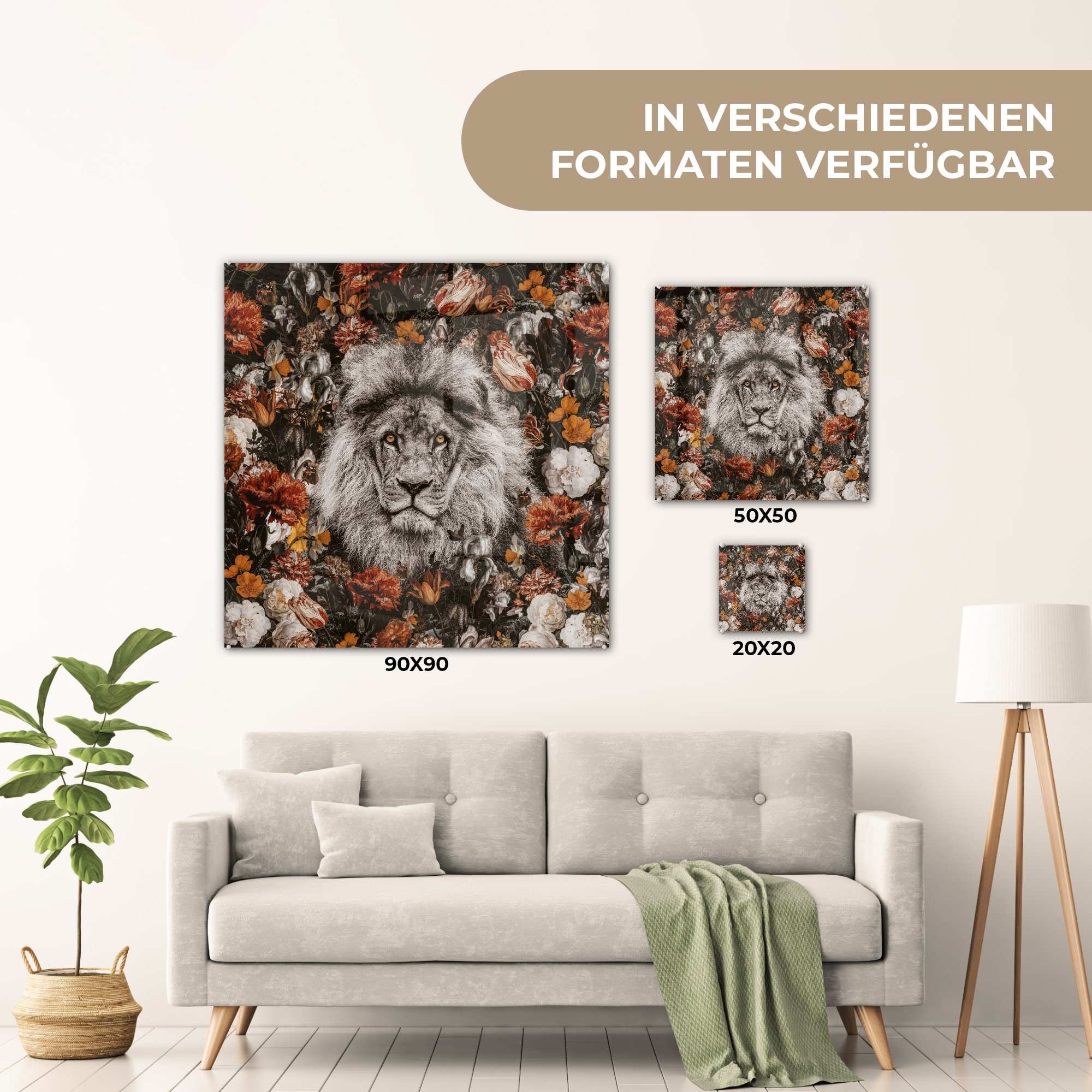 Blumen Wandbild - - Löwe - - auf Glas Glas Wanddekoration Glasbilder St), Foto (1 MuchoWow - Acrylglasbild Porträt, auf Bilder