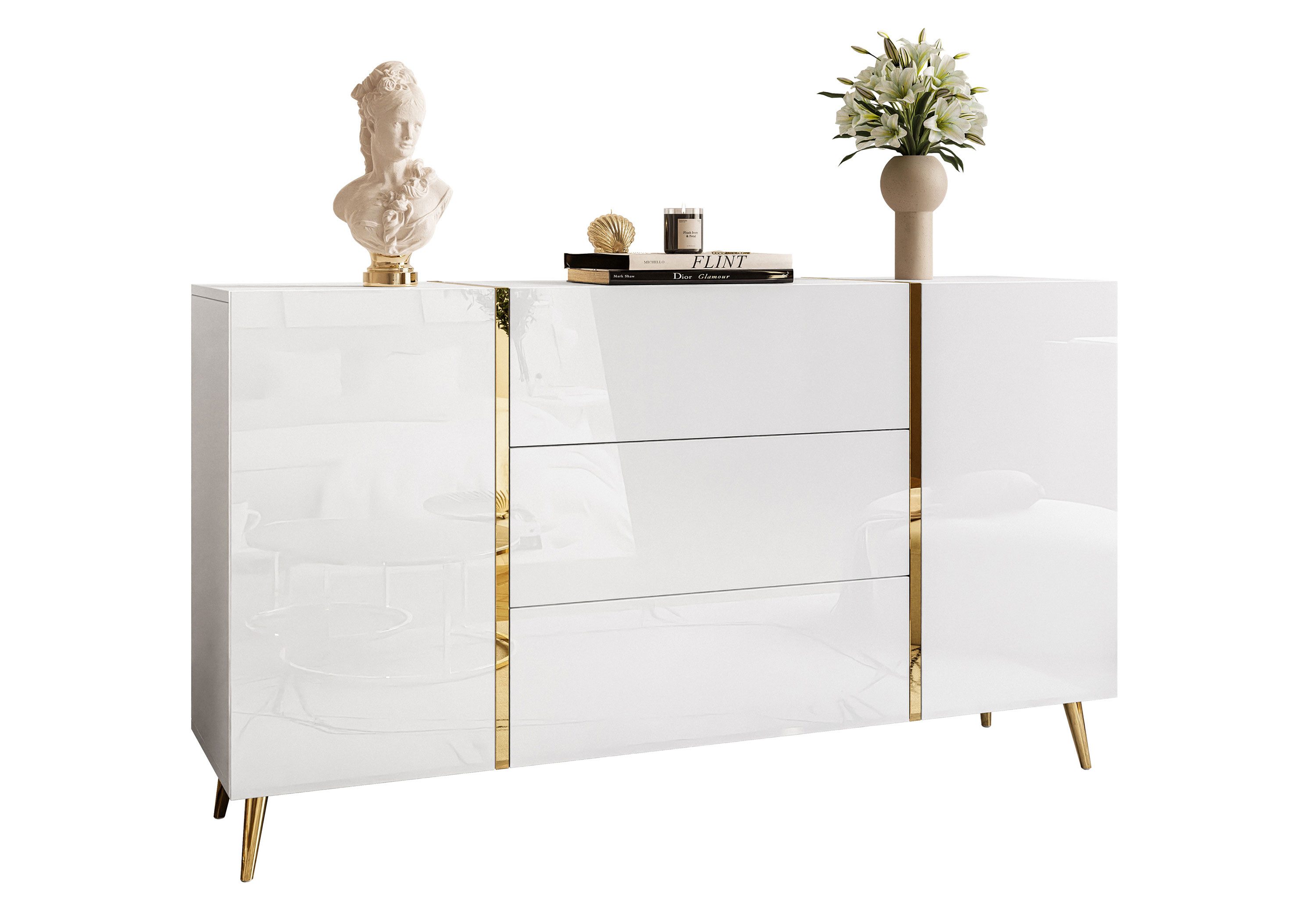 Lookway Kommode ONYX goldene Beine Hochglanz Push-Open / Goldgriffe 158 cm