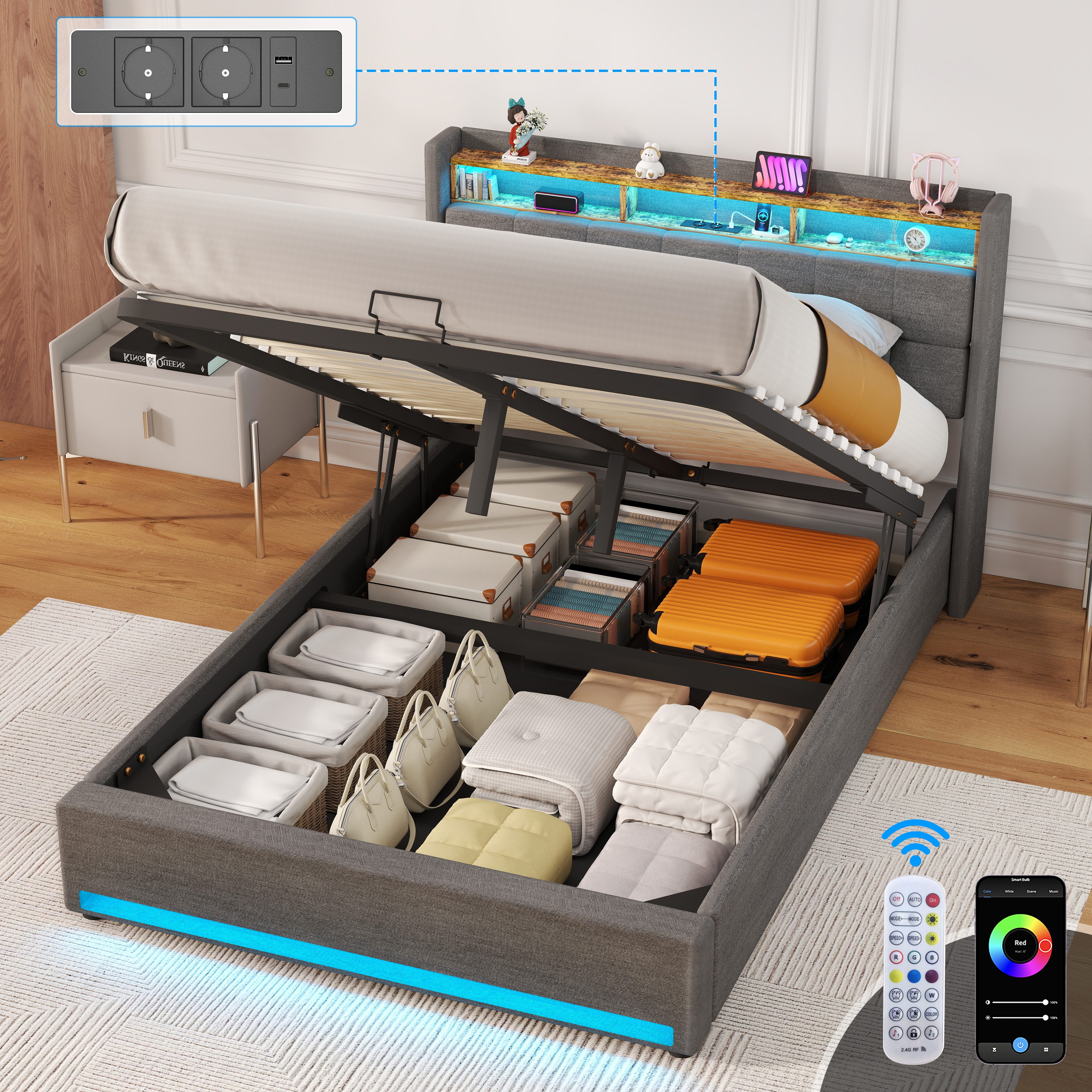 oyajia Polsterbett Doppelbett mit Stauraum gepolstertem Kopfteil (mit LED-B günstig online kaufen