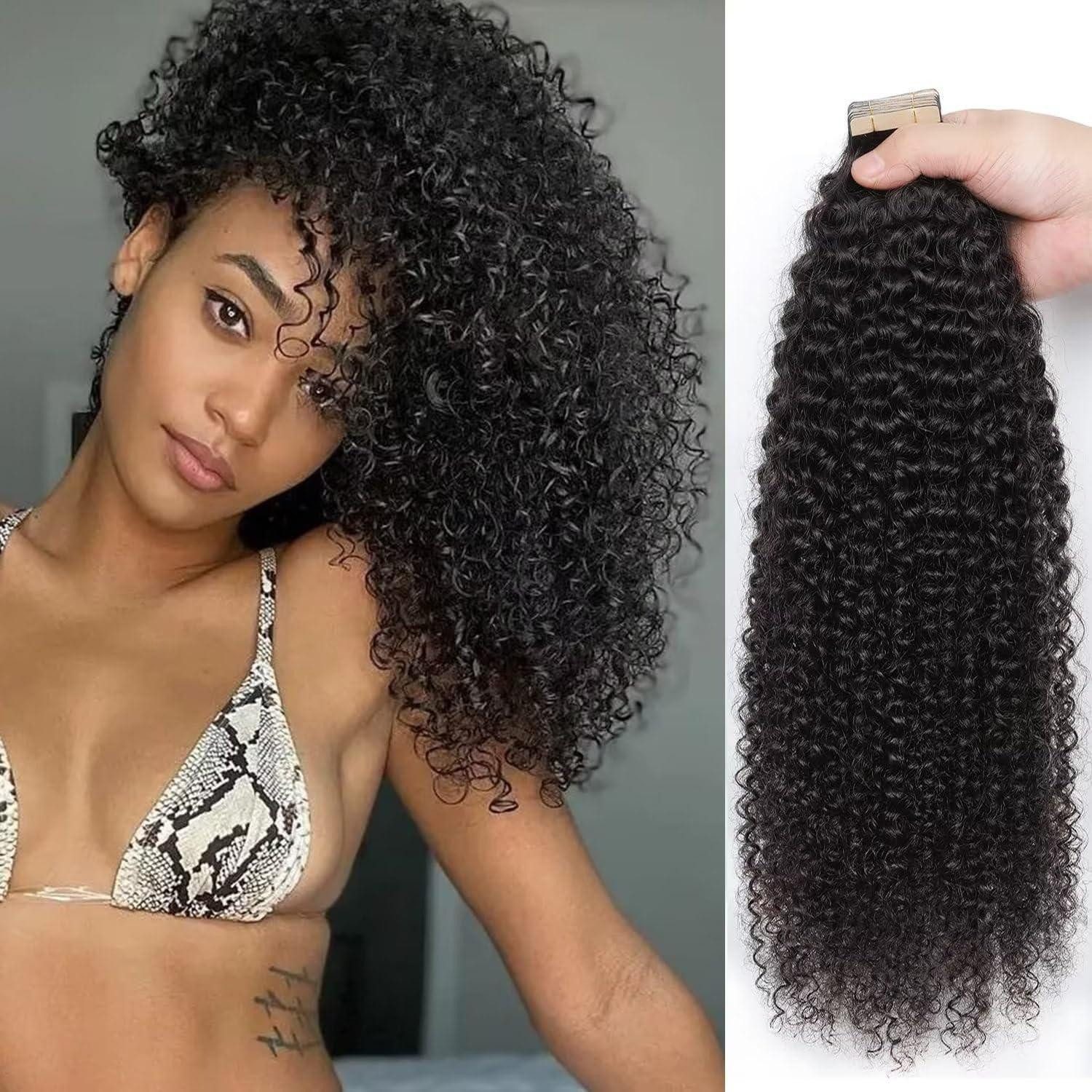 LuxusKollektion Echthaar-Extension Tape Extensions Echthaar Kinky Curly 1B# 20zoll-50.8cm(20er Pack)