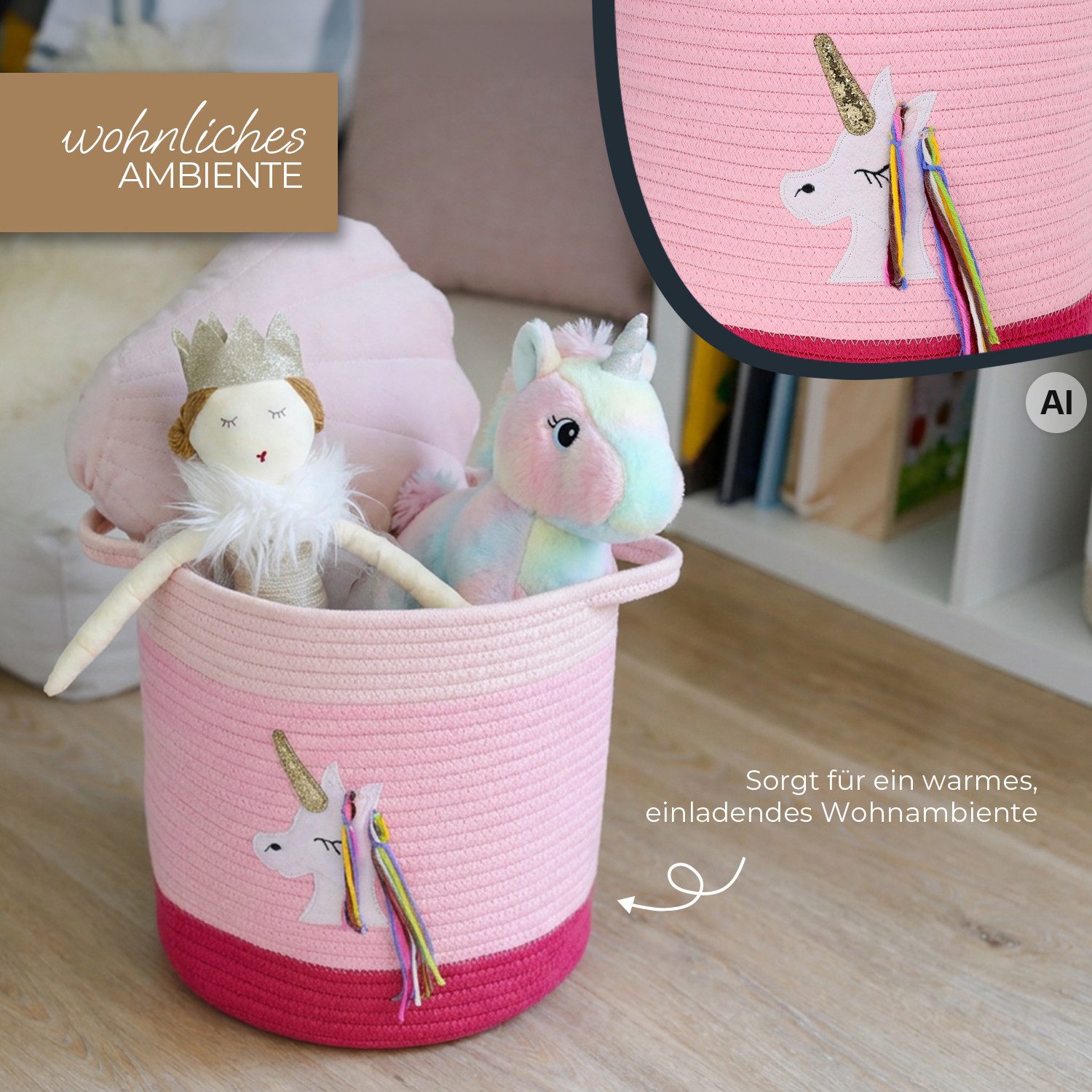 HMF Aufbewahrungskorb Aufbewahrungskorb mit verlängerten Griffen, runder Korb, Baumwolle für Kinderzimmer oder Babyzimmer, Einhorn, 30,5 x 30,5 cm – Bild 4 von 5
