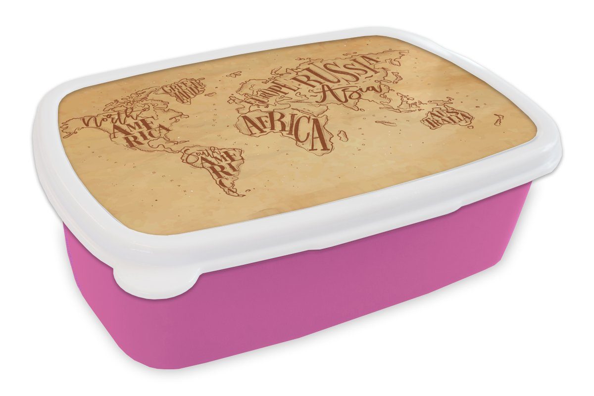 MuchoWow Lunchbox Weltkarte - Retro - Braun, Kunststoff, (2-tlg), Brotbox für Erwachsene, Brotdose Kinder, Snackbox, Mädchen, Kunststoff rosa