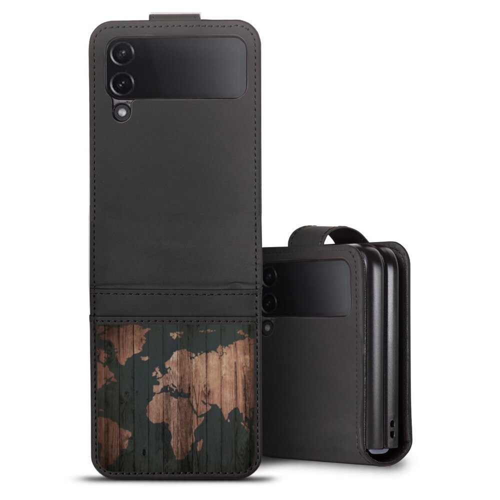 DeinDesign Handyhülle Landkarte Holzoptik Weltkarte Wooden World Map, Samsung Galaxy Z Flip 4 Hülle Handy Flip Case Wallet Cover