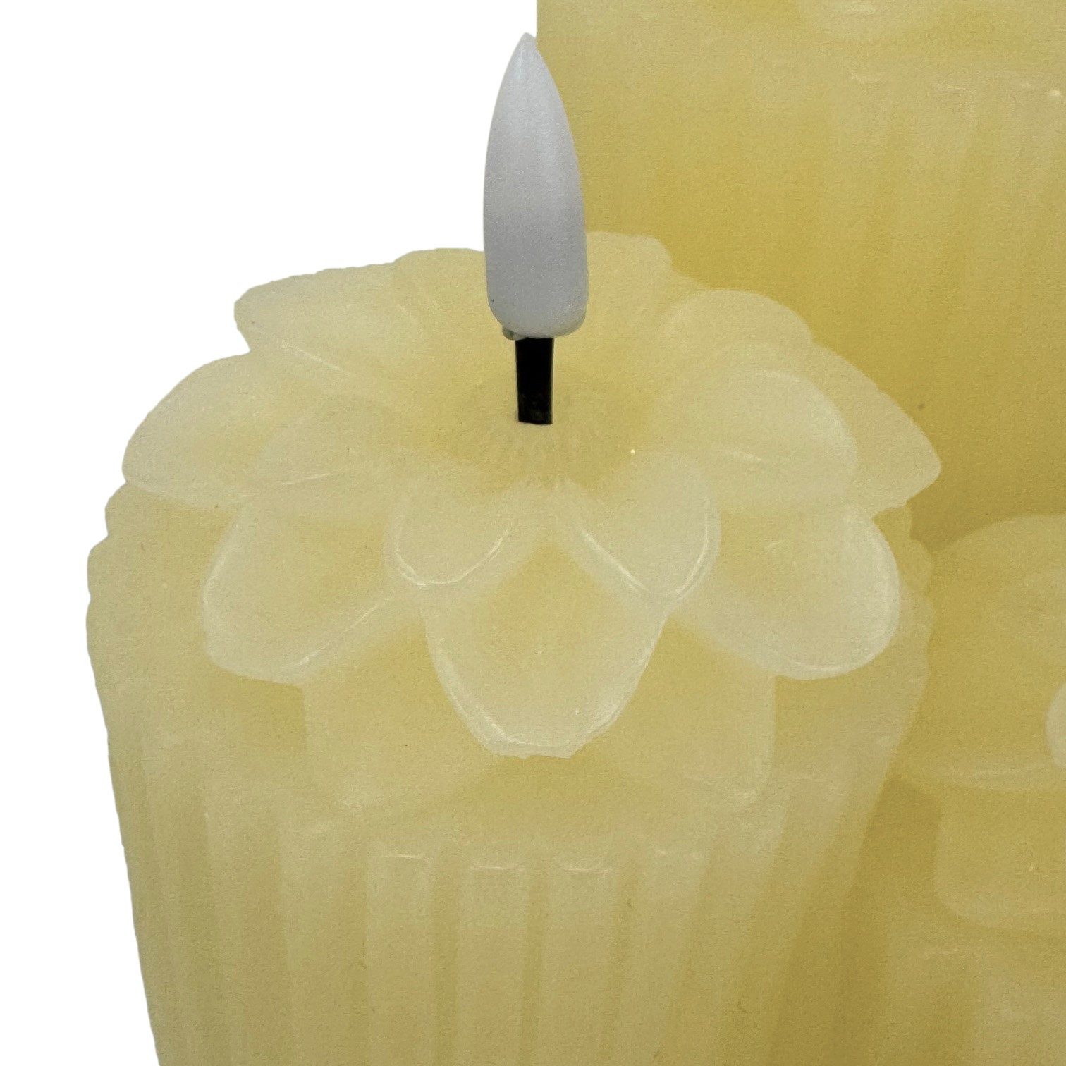 Online-Fuchs LED-Kerze - 3 ineinander verschmolzene LED-Kerzen aus Echtwachs mit Timer (moderne Rillenoptik, realistische Kerzenflamme), wunderschöne elegante Blumenblüte auf jeder Kerze