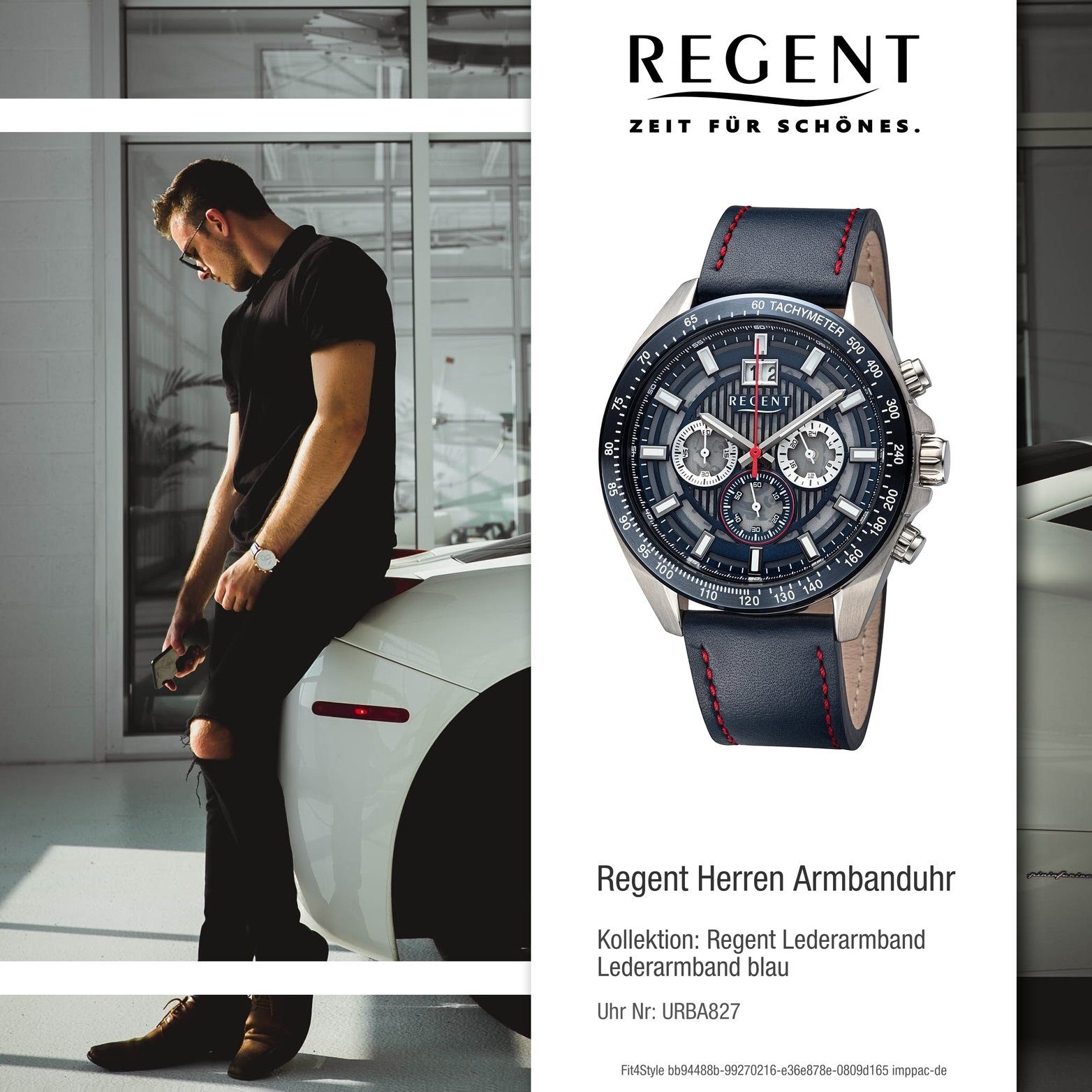 Regent Quarzuhr Regent Herren Armbanduhr (ca. rot, Gehäuse, rundes blau, Lederarmband Analog, groß Herrenuhr 46mm)