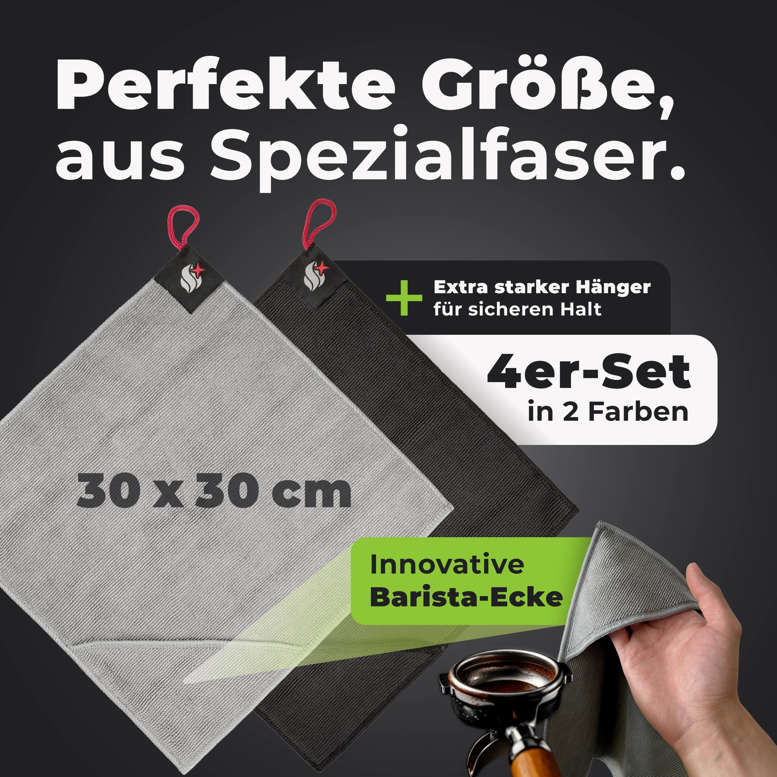 CLENESSO Reinigungstuch (4 Stück (je 2 Stück in Grau und Antrazit), Hochwertige Mikrofaser Geschirrtücher für Siebträger & Haushalt)