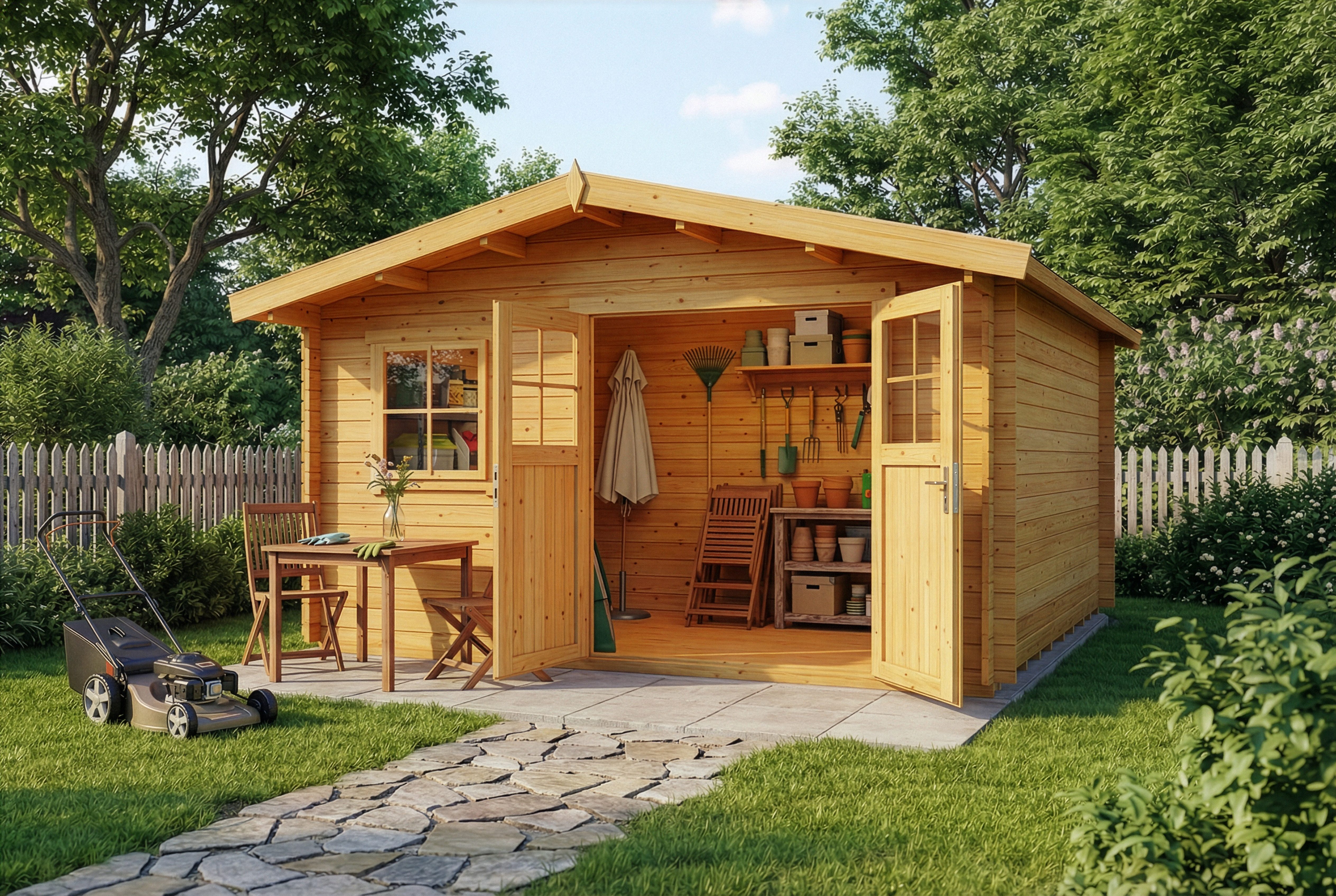 Alpholz Gartenhaus Holz Valeria, BxT: 438x427 cm, in Imprägniert (Pinie) Inkl. Fußboden mit 28mm Wandstärke