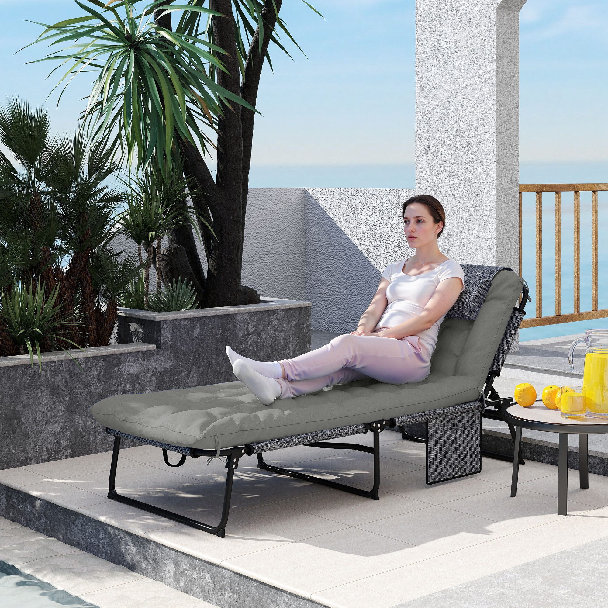 Outsunny Gartenliege Feldbett, Campingbett mit Seitentasche, Kopfkissen, Campingliege, 1 St., Klappbett, für Garten, Balkon, bis 120 kg, Grau