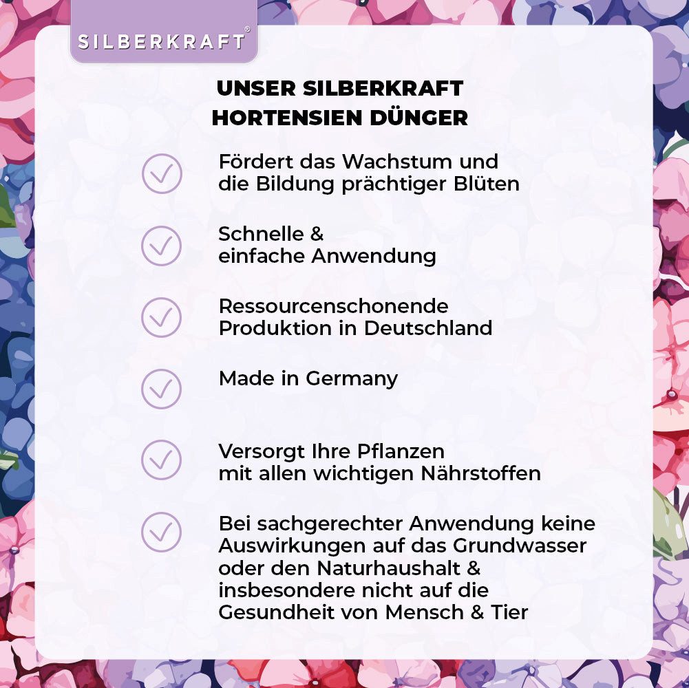 Silberkraft Pflanzenstärkungsmittel Hortensien Dünger - Mineralischer NPK Flüssigdünger mit Stickstoff, Fördert Blütenpracht & Wurzelstärke, Für alle Hortensienarten wie Hydrangea macrophylla, Spezialdünger für kräftige Blütenfarben & gesundes Wachstum