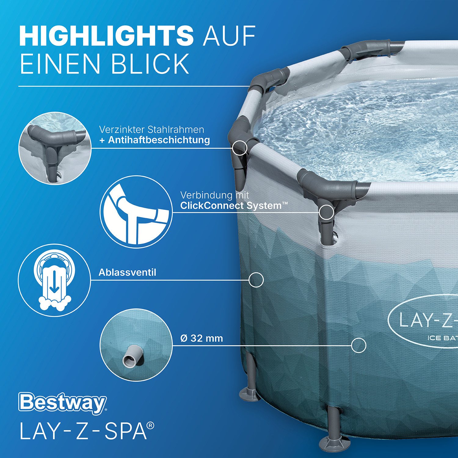 Bestway Pool LAY-Z-SPA® Eisbad Glacial Dip™ (Set, Inkl. Filterpumpe, Abdeckplane / 150 x 90 x 65 cm), Integrierter Ganzjahresschutz Polar-Shield