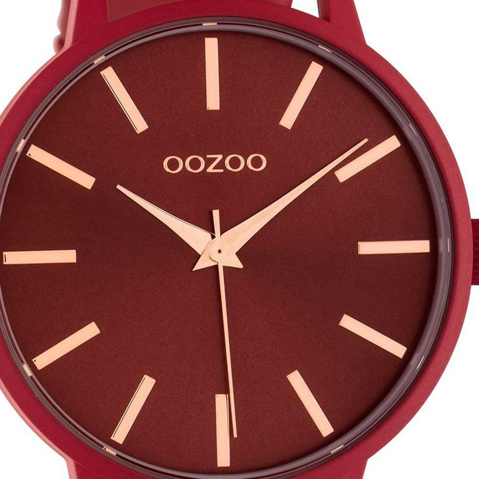 OOZOO Quarzuhr Oozoo Damen Armbanduhr rot, Damenuhr rund, groß (ca. 42mm)  Lederarmband, Fashion-Style, rosegoldene Zeiger und Indizes