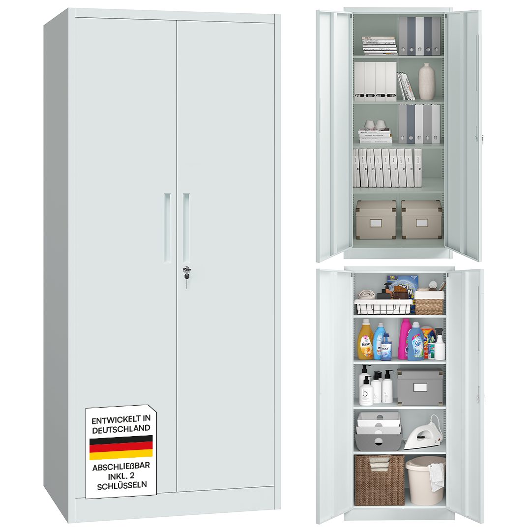 STEELSØN Aktenschrank Regulus aus Stahl, abschließbar mit 2 Schlüsseln (Grau) Spindschrank mit 4 höhenverstellbaren Einlegeböden, 175x40x80 cm