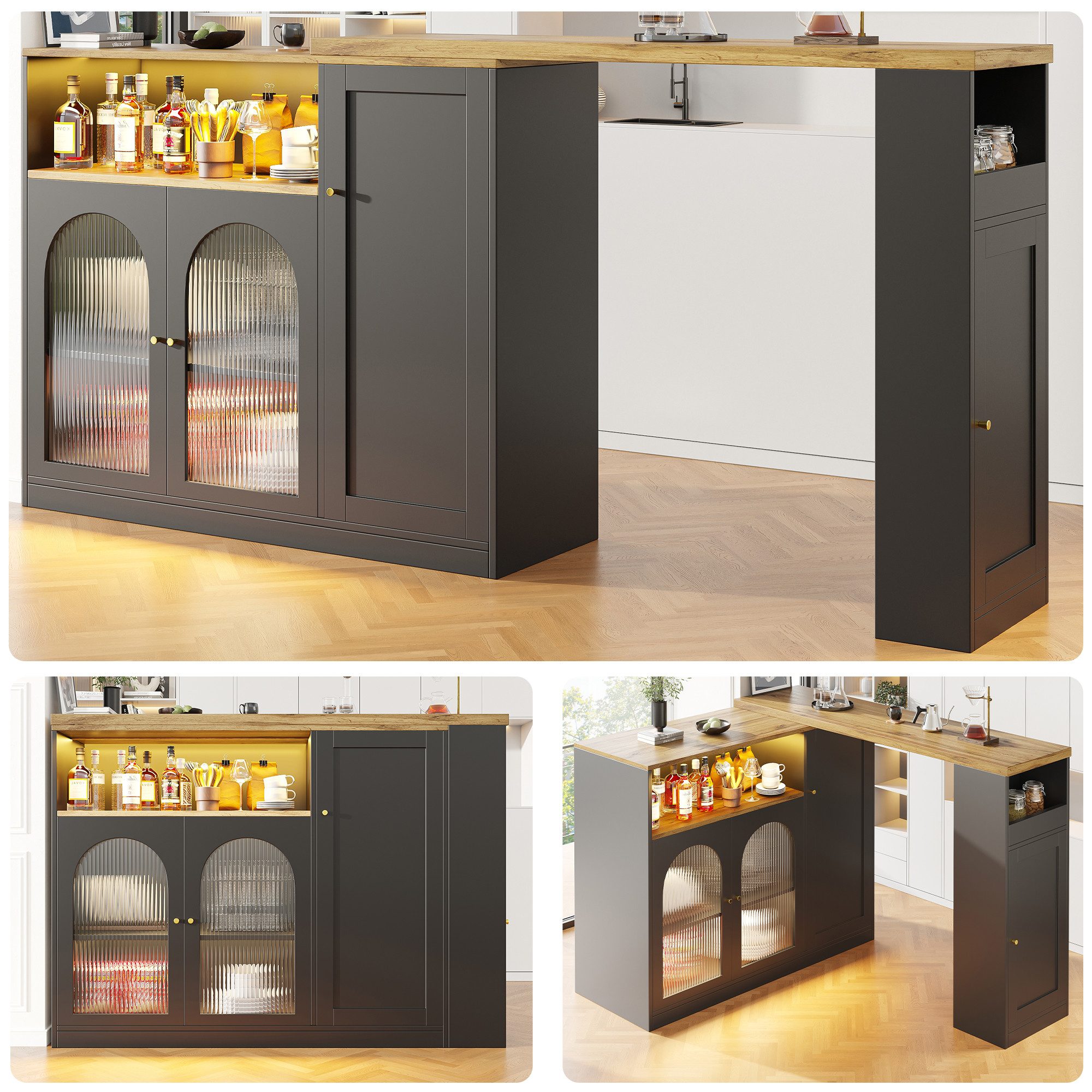 TavilaEcon Bartisch Um 360° drehbarer Bartisch, mit Glasschranktür und LED-Licht (1-St), Hauptkörper: 108 x 39,6 x 97 cm, schwarz