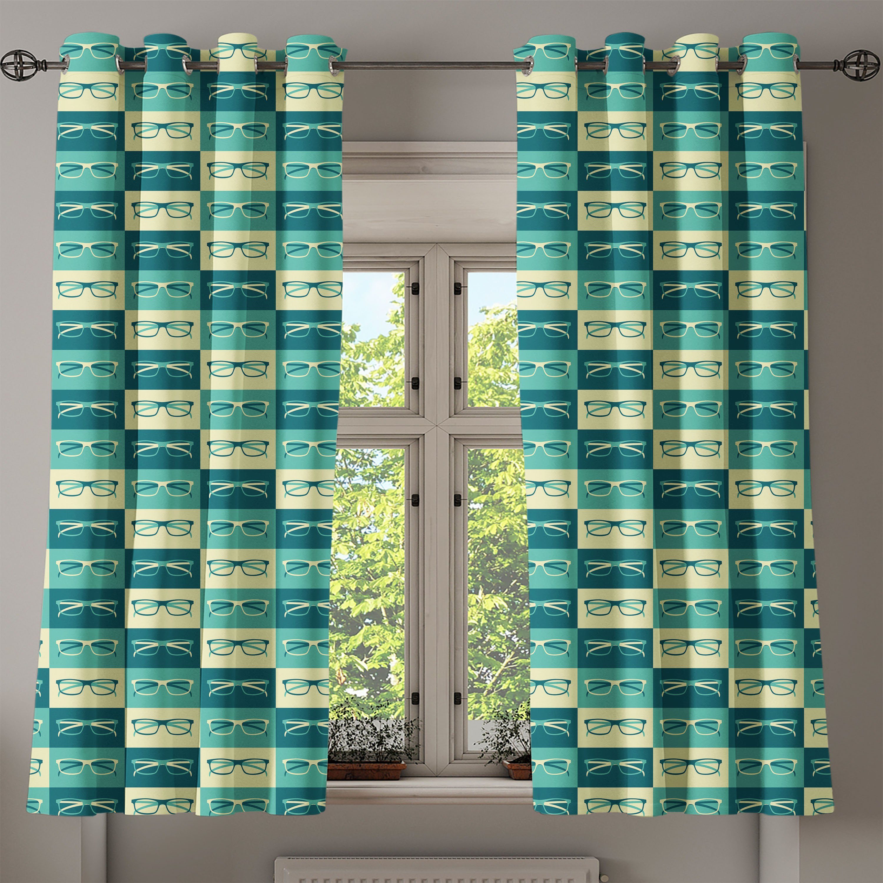 Gardine 2-Panel-Fenstervorhänge Wohnzimmer, für Abakuhaus, Schlafzimmer Weinlese-Brillen kühlen Indie Dekorative