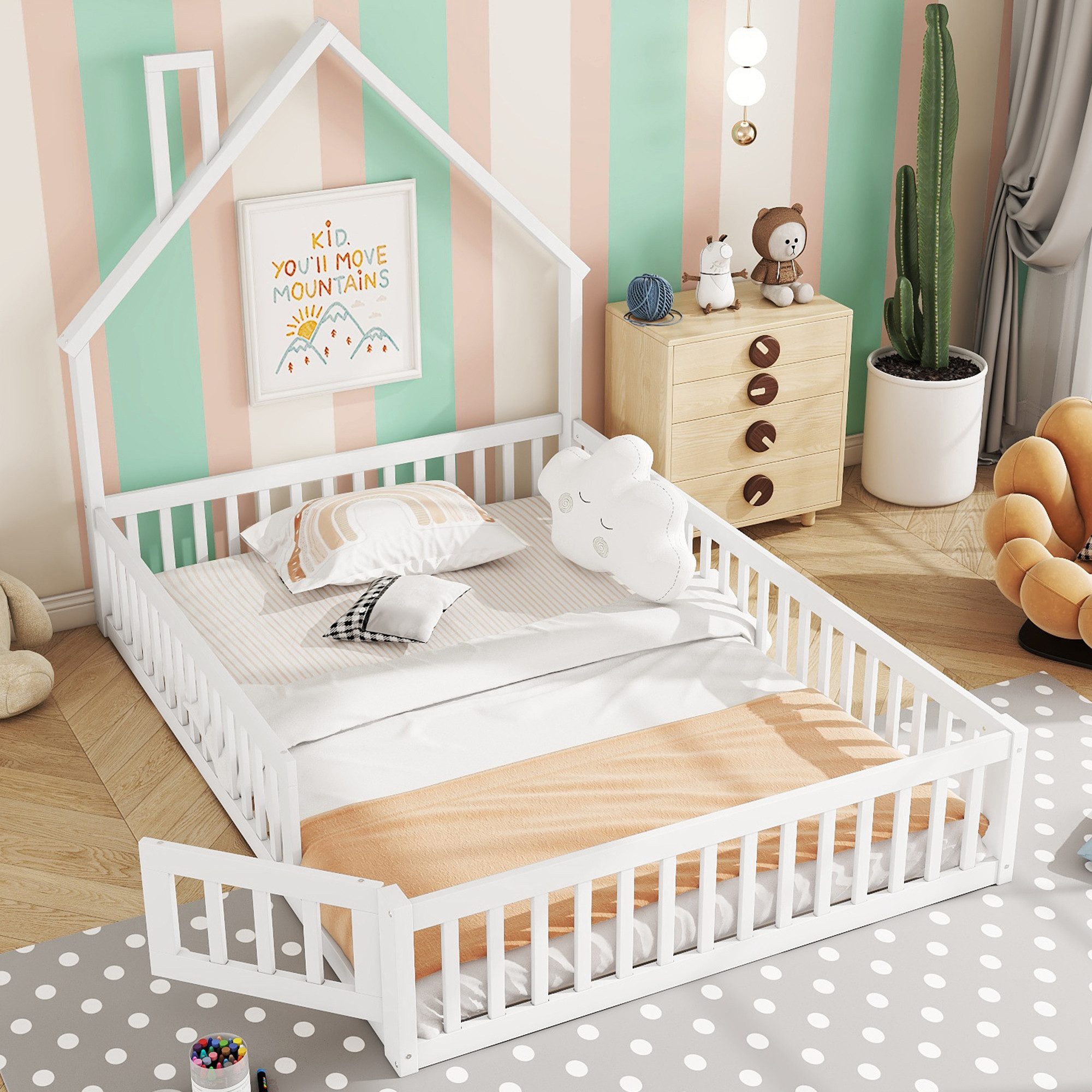 STILVORA Kinderbett in Hausform 140x200 mit Lattenrost,Hausbett ohne matratze,weiß (mit Schornsteinform und Lattenrost, aus Kiefernholz, 140x200 cm), ohne Matratze