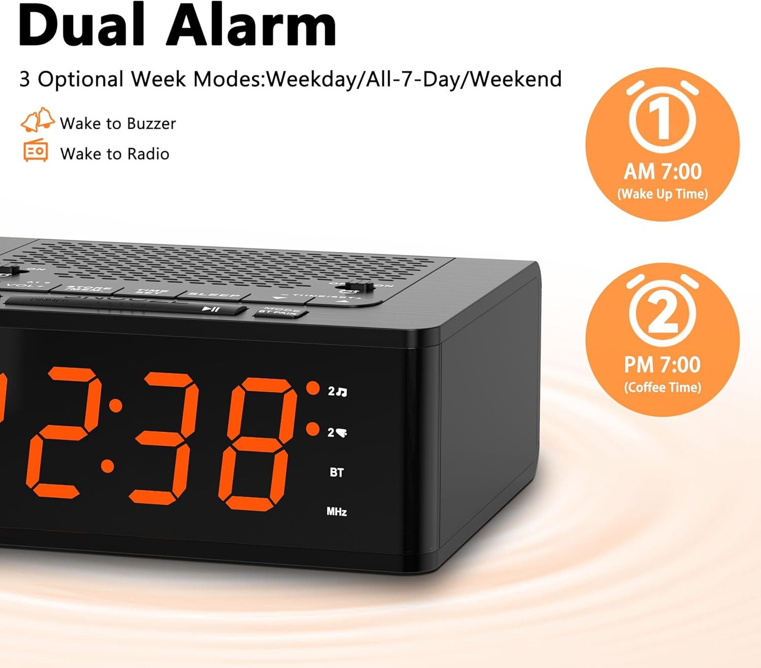iTOMA Radiowecker Digitaler Bluetooth-Wecker mit FM-Radio, Dual-Alarm & LED-Anzeige Bluetooth, FM-Radio, Sleep-Timer, Dimmfunktion, modernes Design – Bild 4 von 5