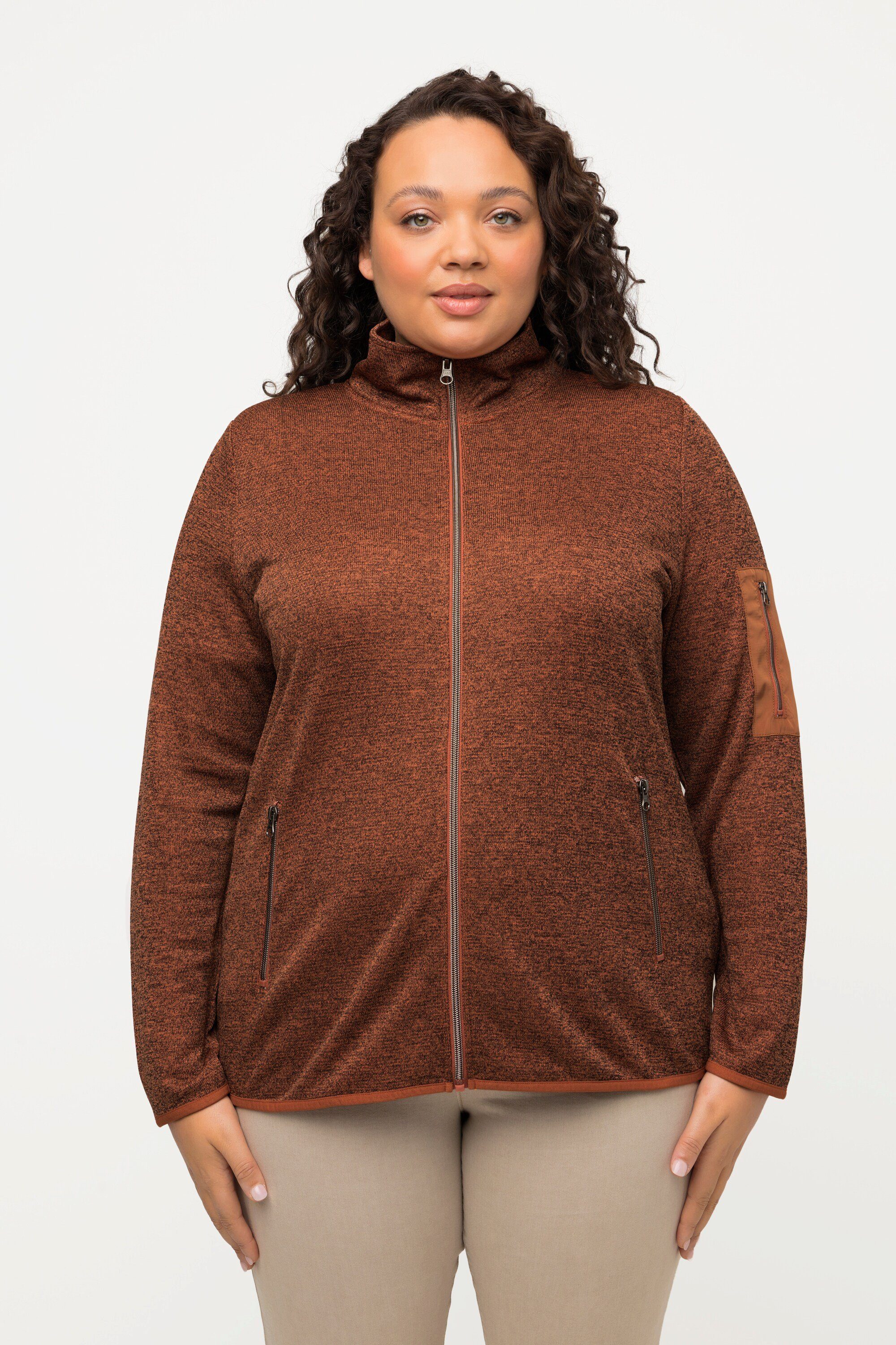 Ulla Popken Sweatjacke Strickfleece-Jacke Stehkragen paprikarot Zipptaschen