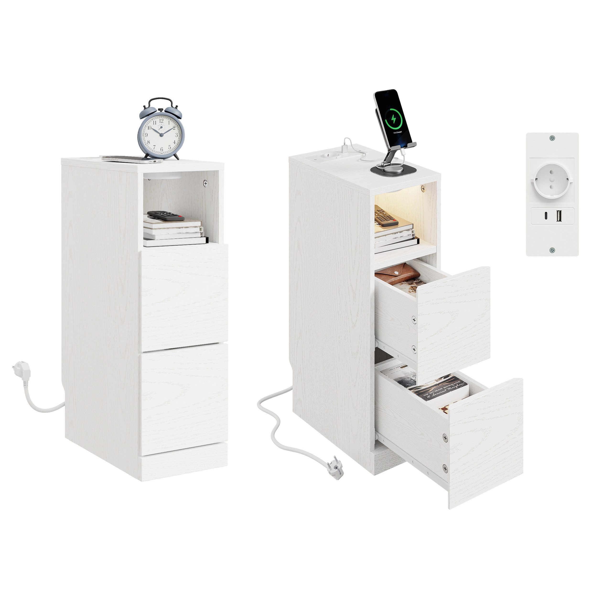 SoBuy Nachttisch FBT149-E, Beistelltisch schmal mit Ladefunktion und LED-Sensorleuchte (1 Tisch), 20cm breit Nachttisch mit Sockelleisten-Design, Nachtschrank