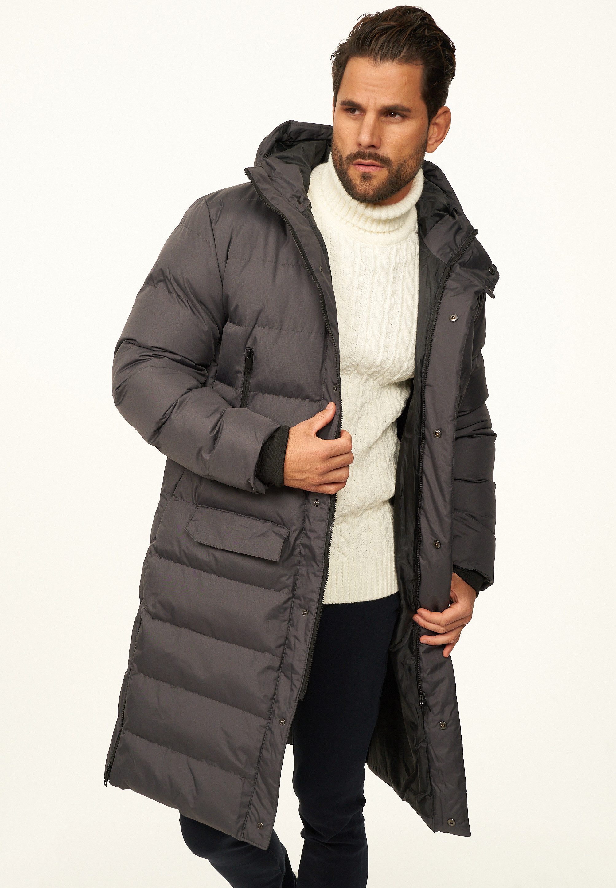 OneRedox Parka mit Kapuze als Winterjacke - Langer Steppmantel Herren warme Pufferjacke Steppjacke - Langer Wintermantel