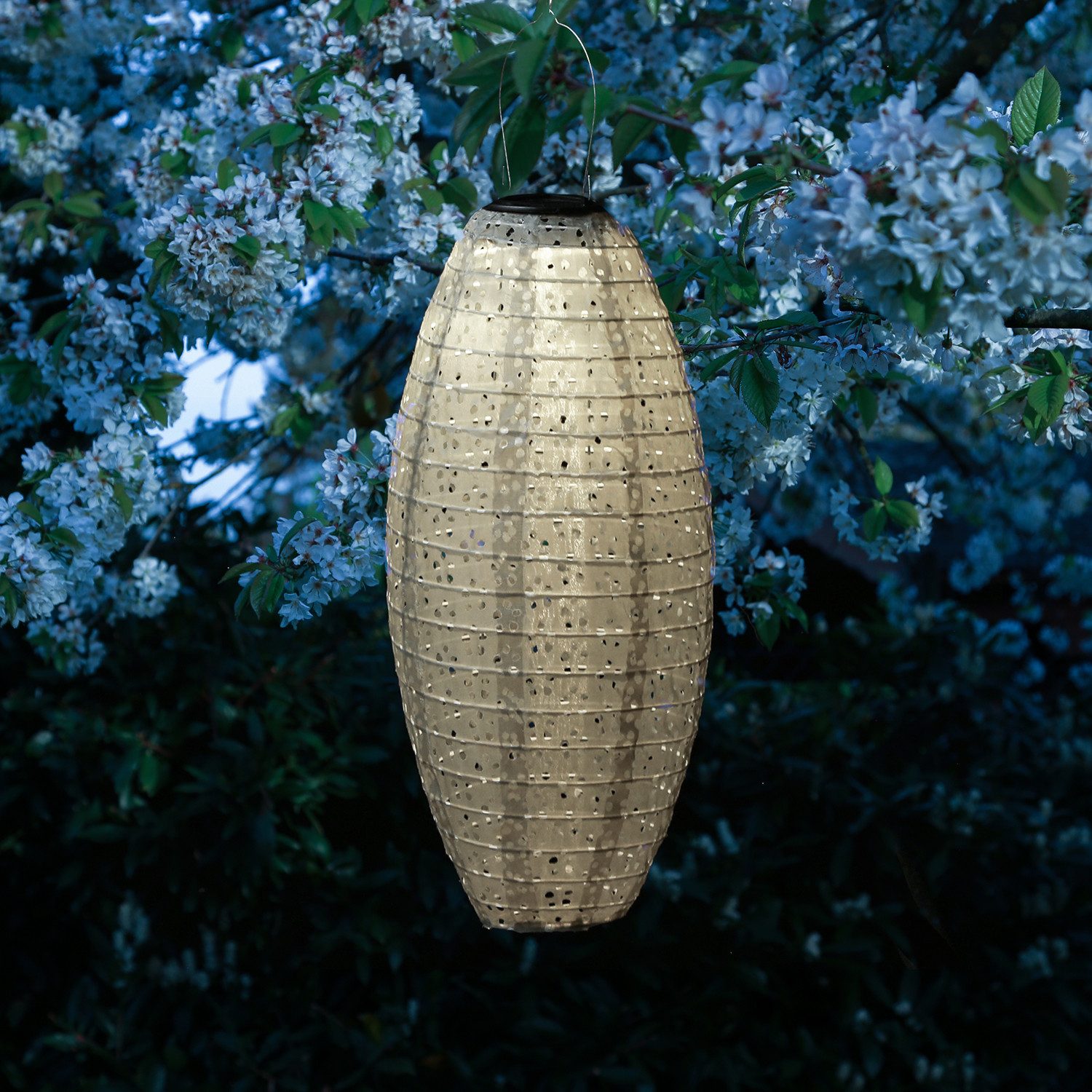 MARELIDA LED Lampion Solar Gartenlampion oval mit Blumenmuster beige H:40cm Balkon Terrasse, LED Classic, warmweiß (2100K bis 3000K)