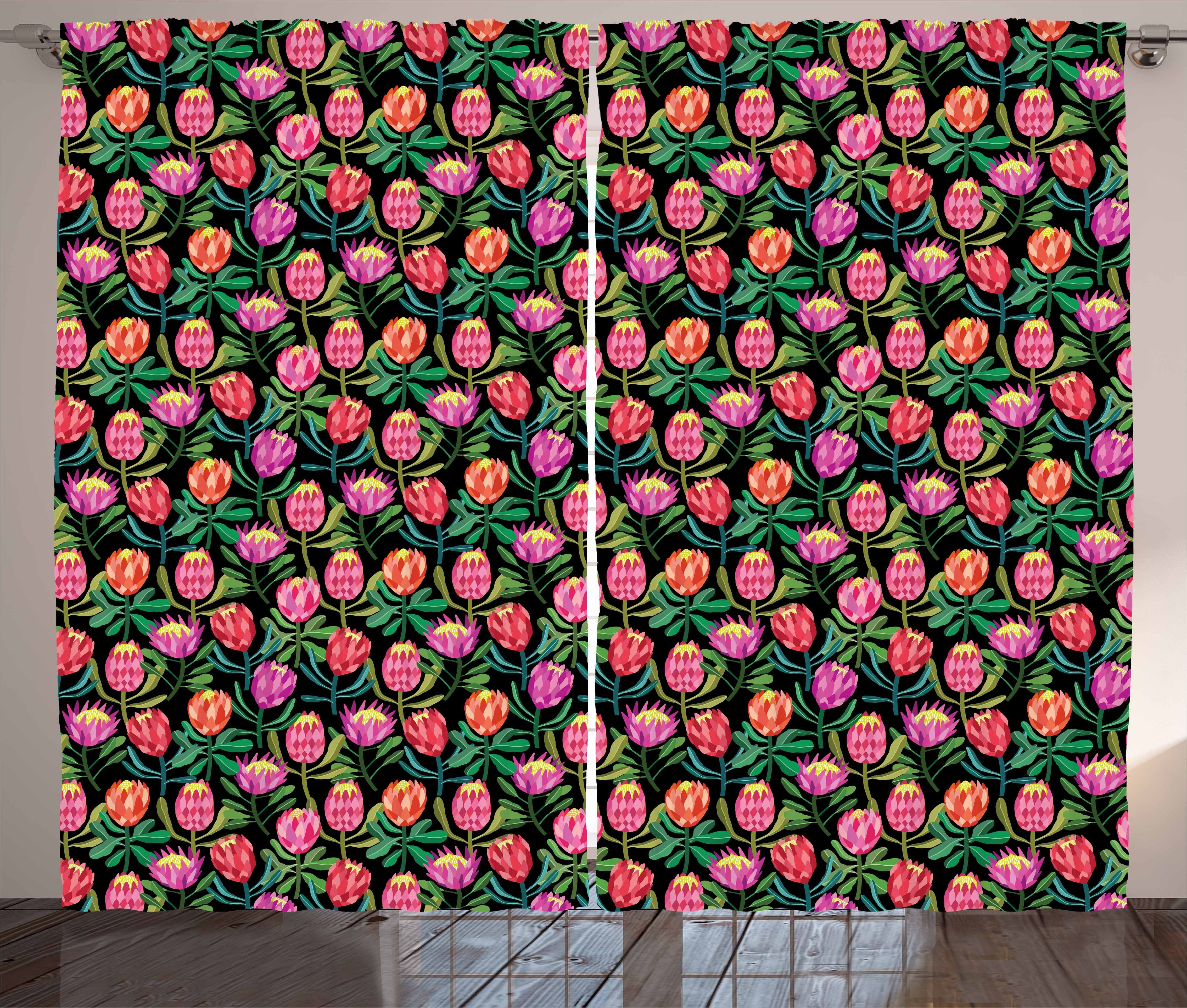 Gardine Schlafzimmer Kräuselband Vorhang mit Schlaufen und Haken, Abakuhaus, Protea Bunte Blumen-Garten | Fertiggardinen