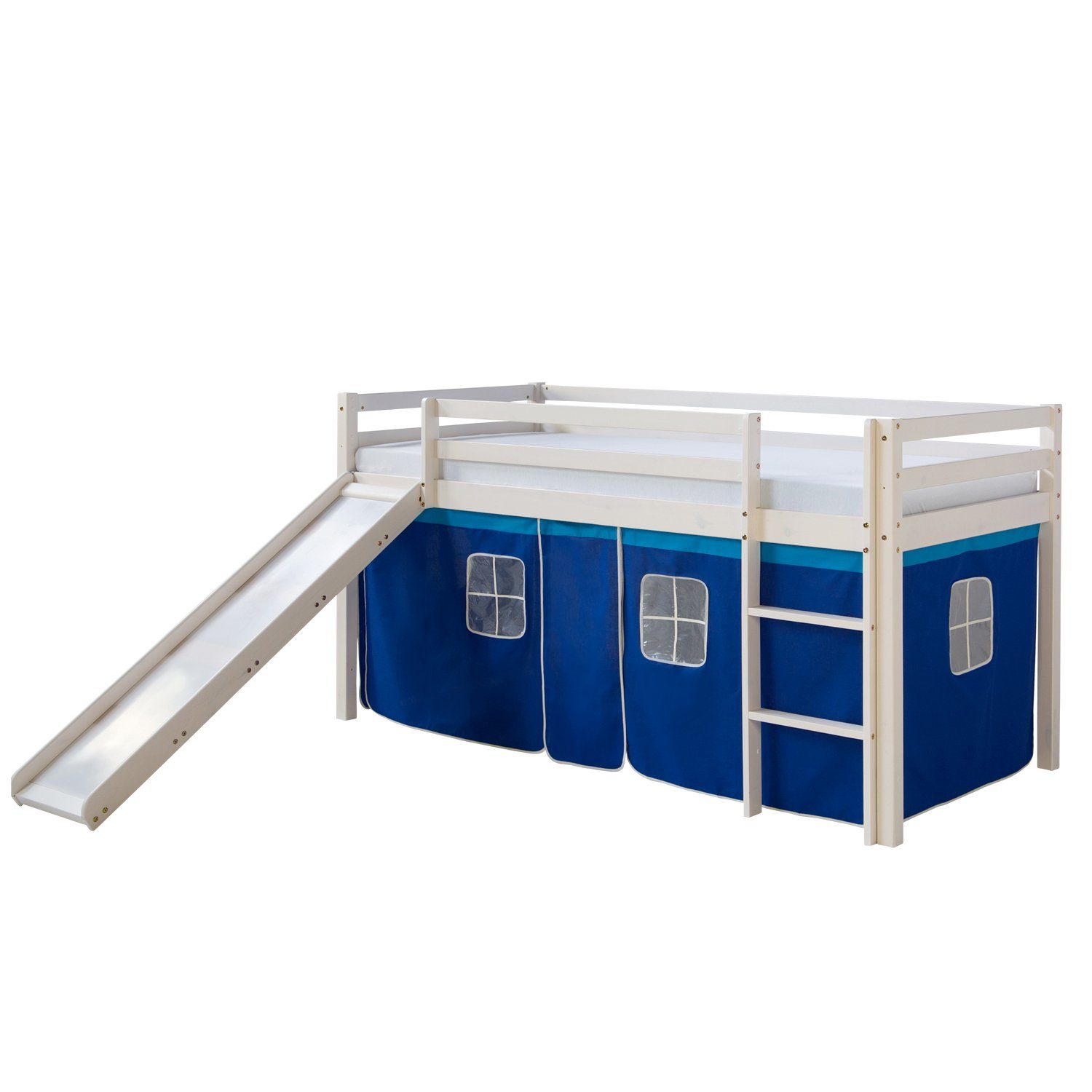 Homestyle4u Hochbett 90x200 mit Vorhang Lattenrost Matratze Rutsche in Weiß günstig online kaufen