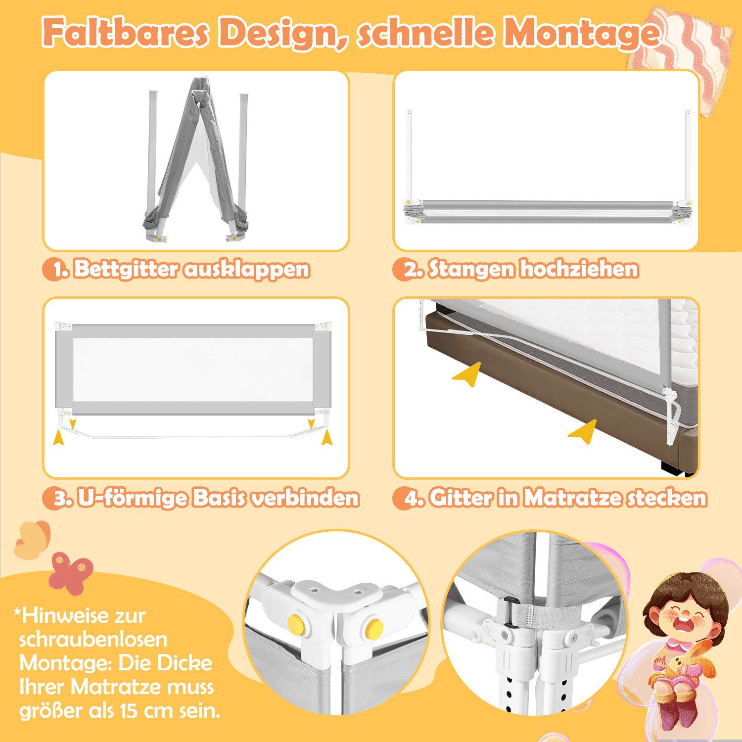 Clanmacy Bettschutzgitter Bettgitter Kinderbettgitter 150/180/200cm Bettschutzgitter Kinder Baby