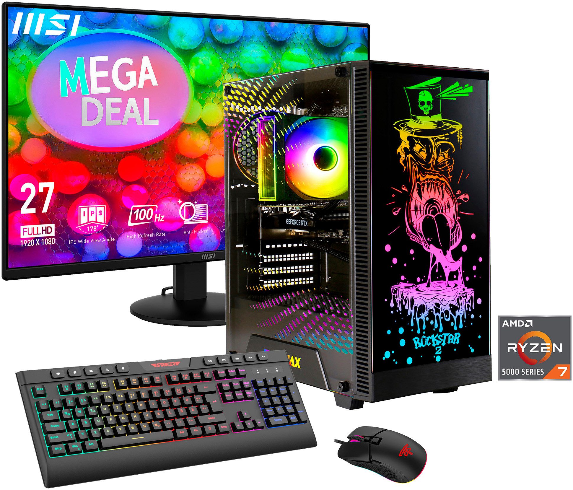 GAMEMAX MegaDeal Rockstar 2857 AMD Ryzen 7 5700X 16GB 1TB SSD RTX 5060 Gaming-PC-Komplettsystem (27", AMD Ryzen 7 5700X, RTX 5060, 16 GB RAM, 1000 GB SSD, Windows 11 + MSI PRO MP272L LCD-Monitor, 68,6cm (27)