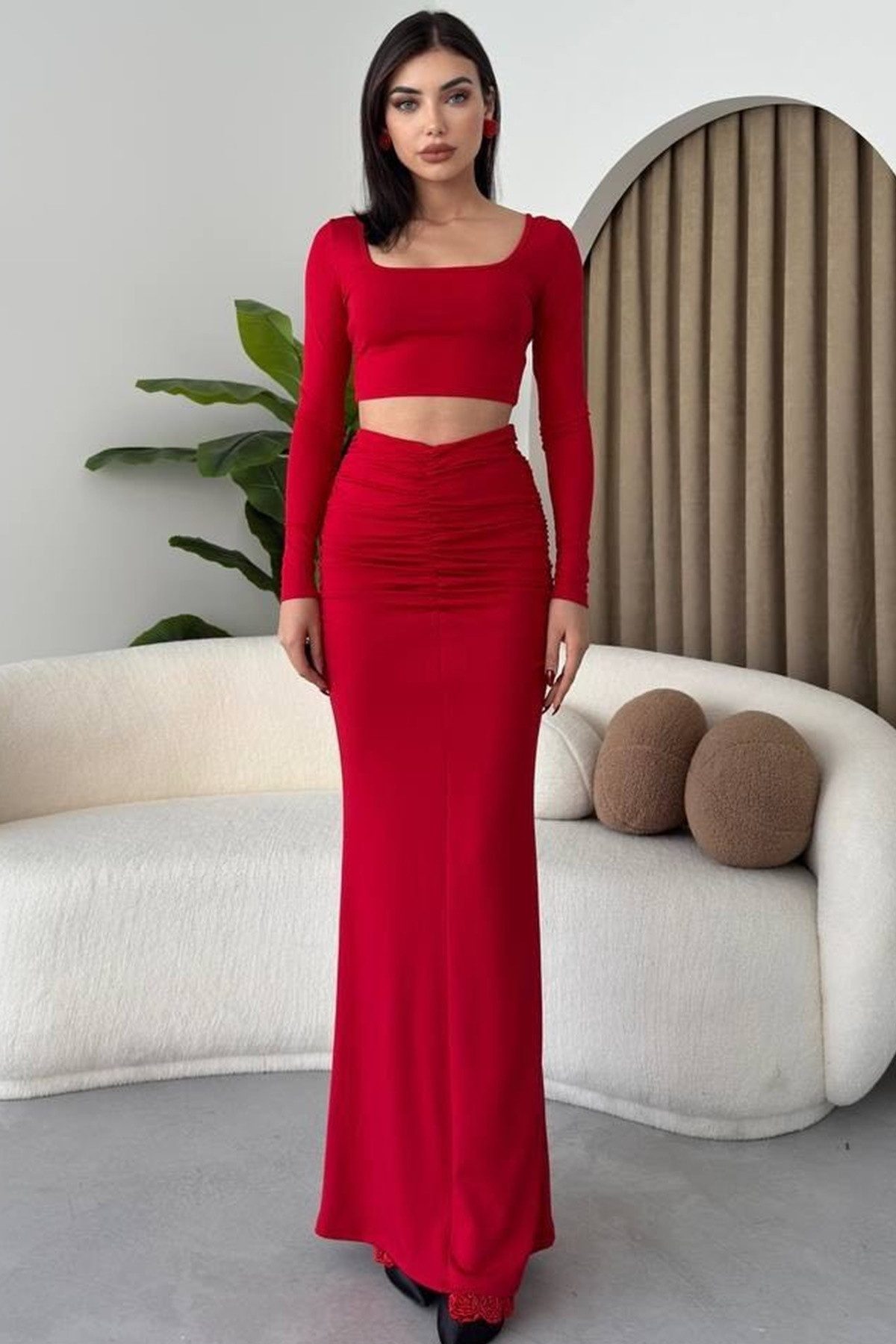 Blusentop Zweiteiliges Set aus bauchfreier Bluse mit U-Ausschnitt und hochgeschn
