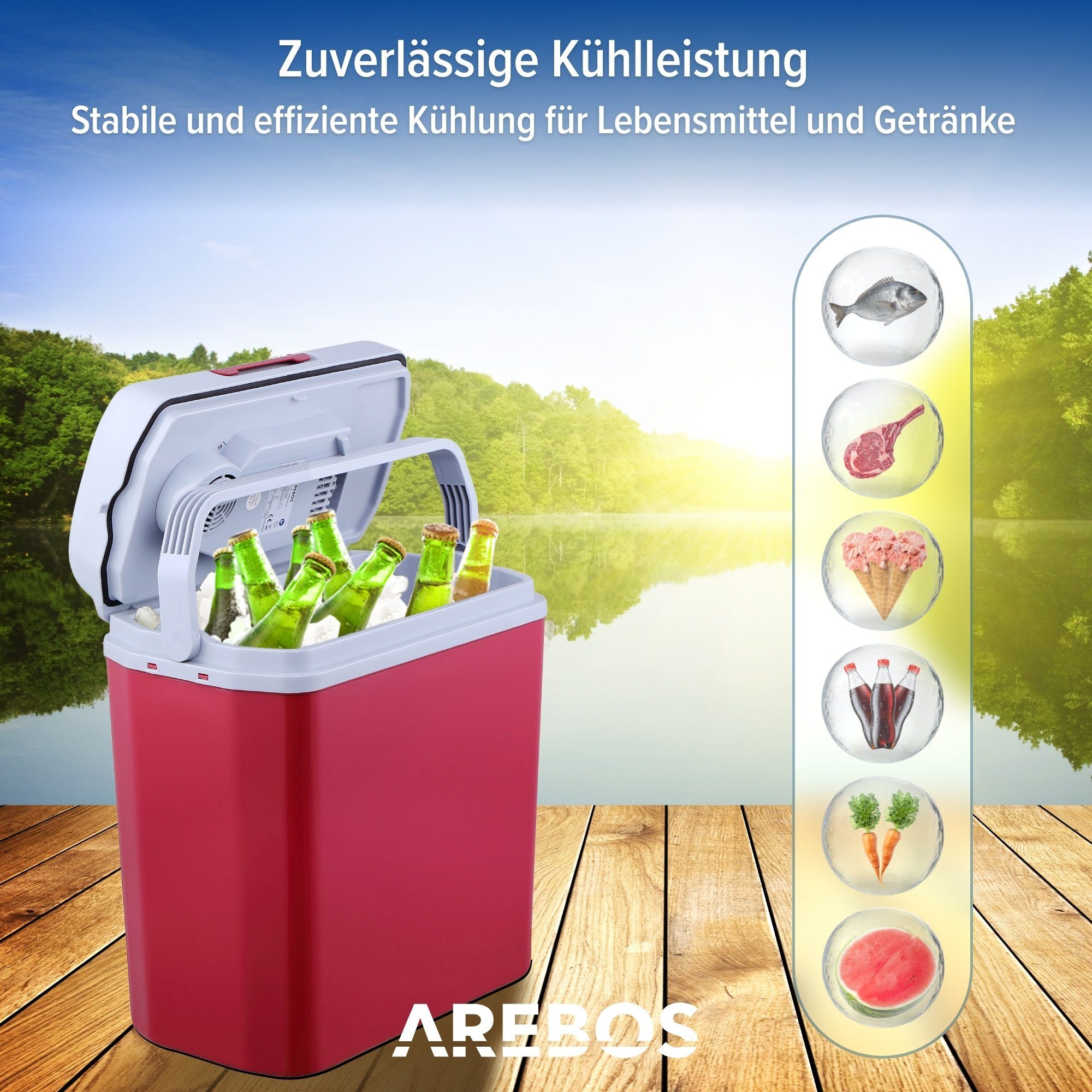 Arebos Elektrische Kühlbox 20L Mobil, Kühlschrank mit ECO Modus zum Kühlen & Warmhalten, 2 Programme: COLD & HOT