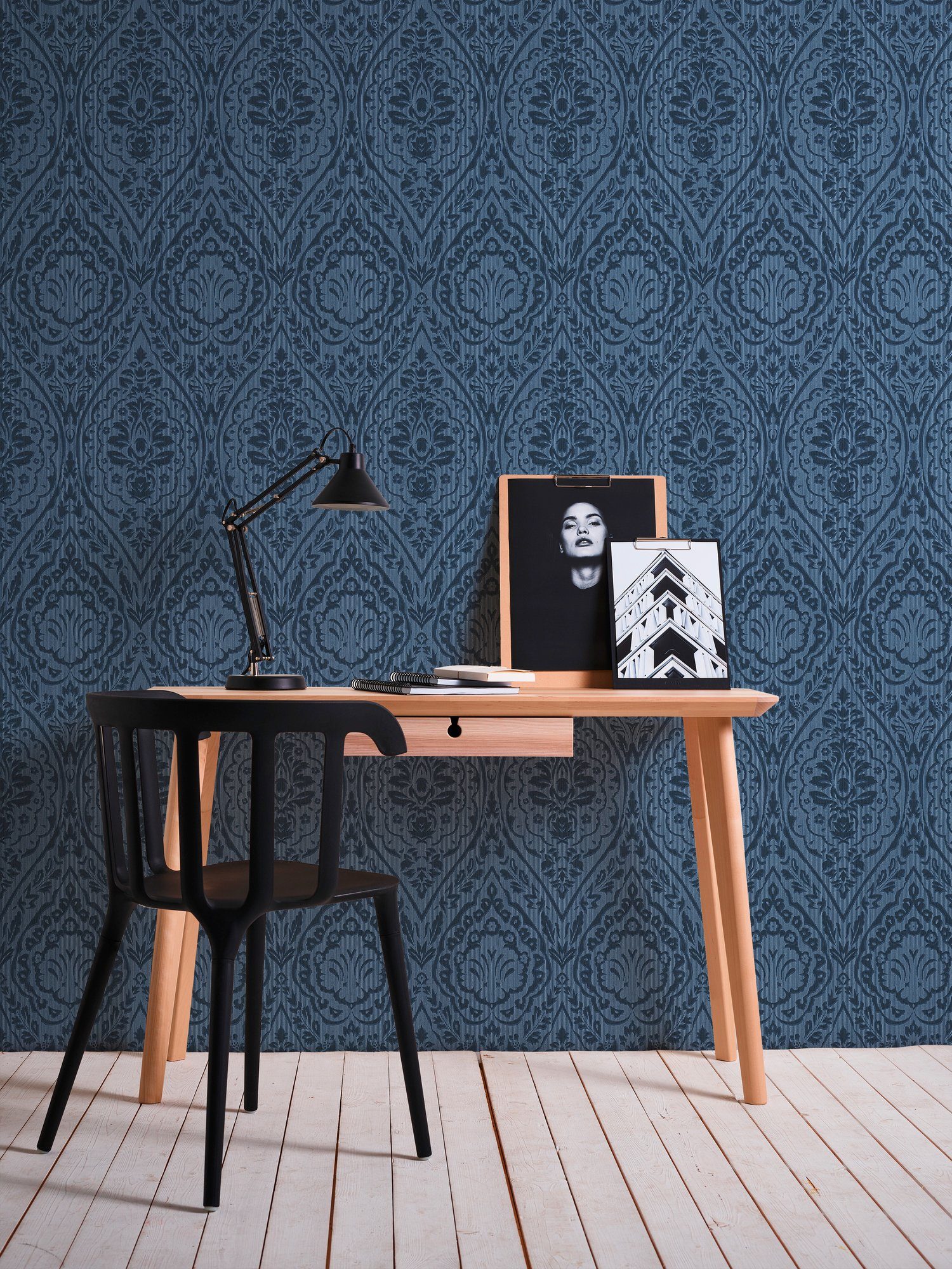 A.S. Création Architects samtig, Tessuto, Paper blau Barock, Textiltapete Tapete Streifen