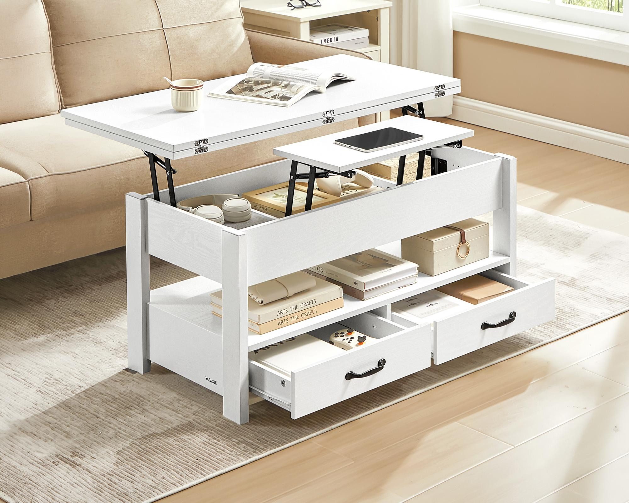VASAGLE Couchtisch höhenverstellbar mit 2 hochklappbaren Tischplatten, Stauraum (multifunktional, inkl. Zubehörpaket & Anleitung), 2 Schubladen und Ablage, Wohnzimmertisch, weiß