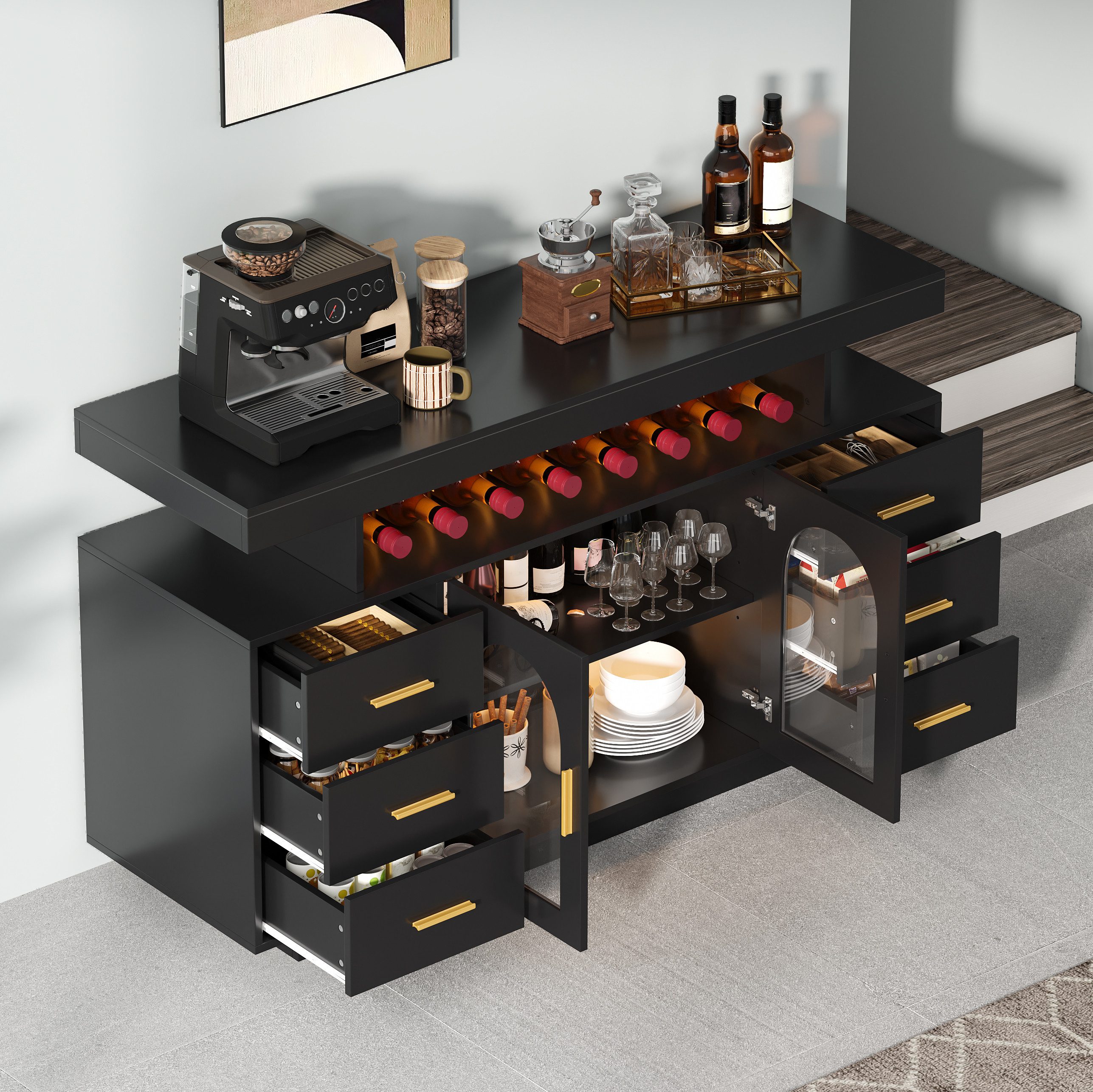 Flieks Kommode Weinschrank mit LED-Beleuchtung, 6 Schubladen, 2 Glastüren Sideboard (B140/T40/H82 cm, 1 St., Schrank für Wohnzimmer, Esszimmer, Schlafzimmer), M – Bild 2 von 5