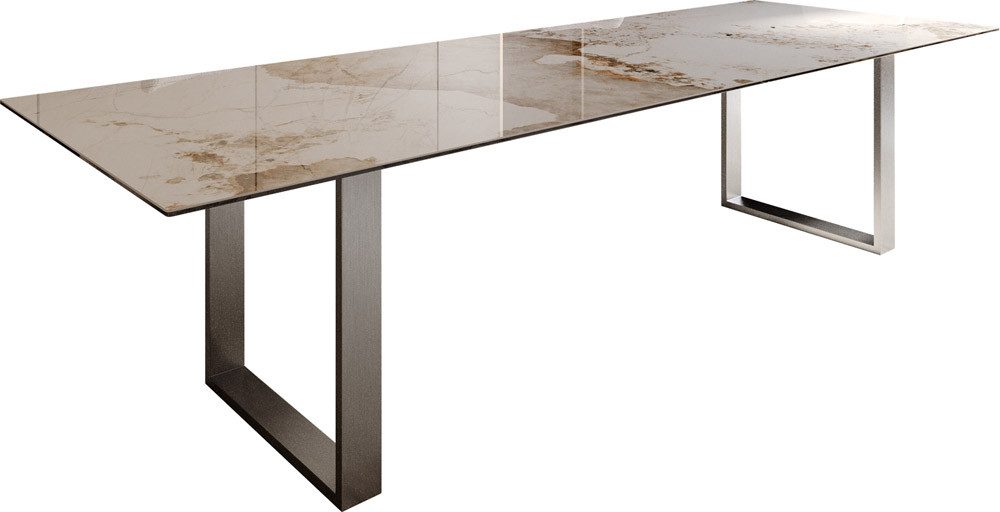 DELIFE Esstisch Edge, Keramik Minas Melange Weiß-Beige 300x100 Edelstahl Schmal