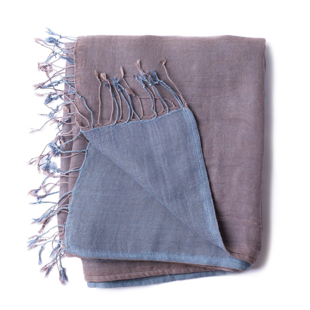 PANASIAM Halstuch elegantes Schultertuch zweifarbig auch als Schal oder Stola tragbar, in schönen farbigen Designs mit kleinen Fransen aus Baumwolle grau braun