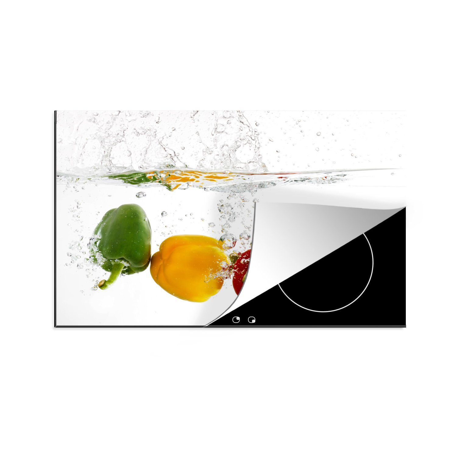 MuchoWow Herdblende-/Abdeckplatte Paprika - Wasser - Gemüse, Vinyl, (1 tlg), 81x52 cm, Induktionskochfeld Schutz für die küche, Ceranfeldabdeckung