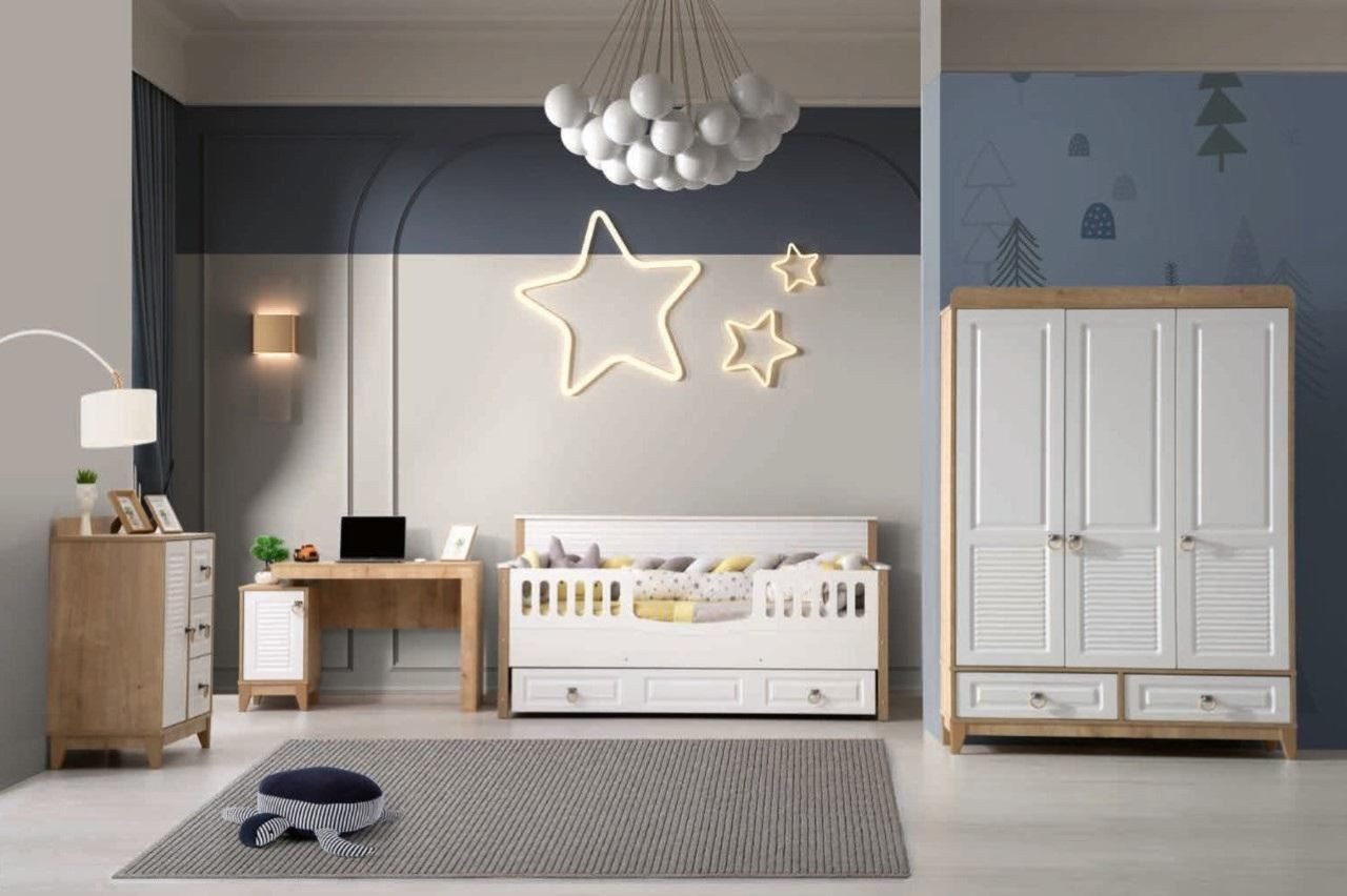 Babyzimmer-Komplettset Weißes Kinderzimmer-Set mit Bett, Kleiderschrank und Kommode