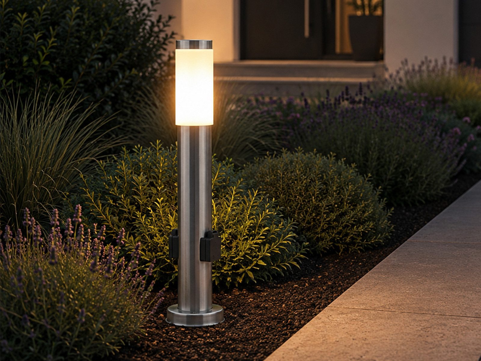 meineWunschleuchte Pollerleuchte aus Edelstahl mit 2 Steckdosen Höhe 60cm, ohne Leuchtmittel, Garten-Leuchte mit Strom zur Wegbeleuchtung, Außenleuchte, Wegeleuchte