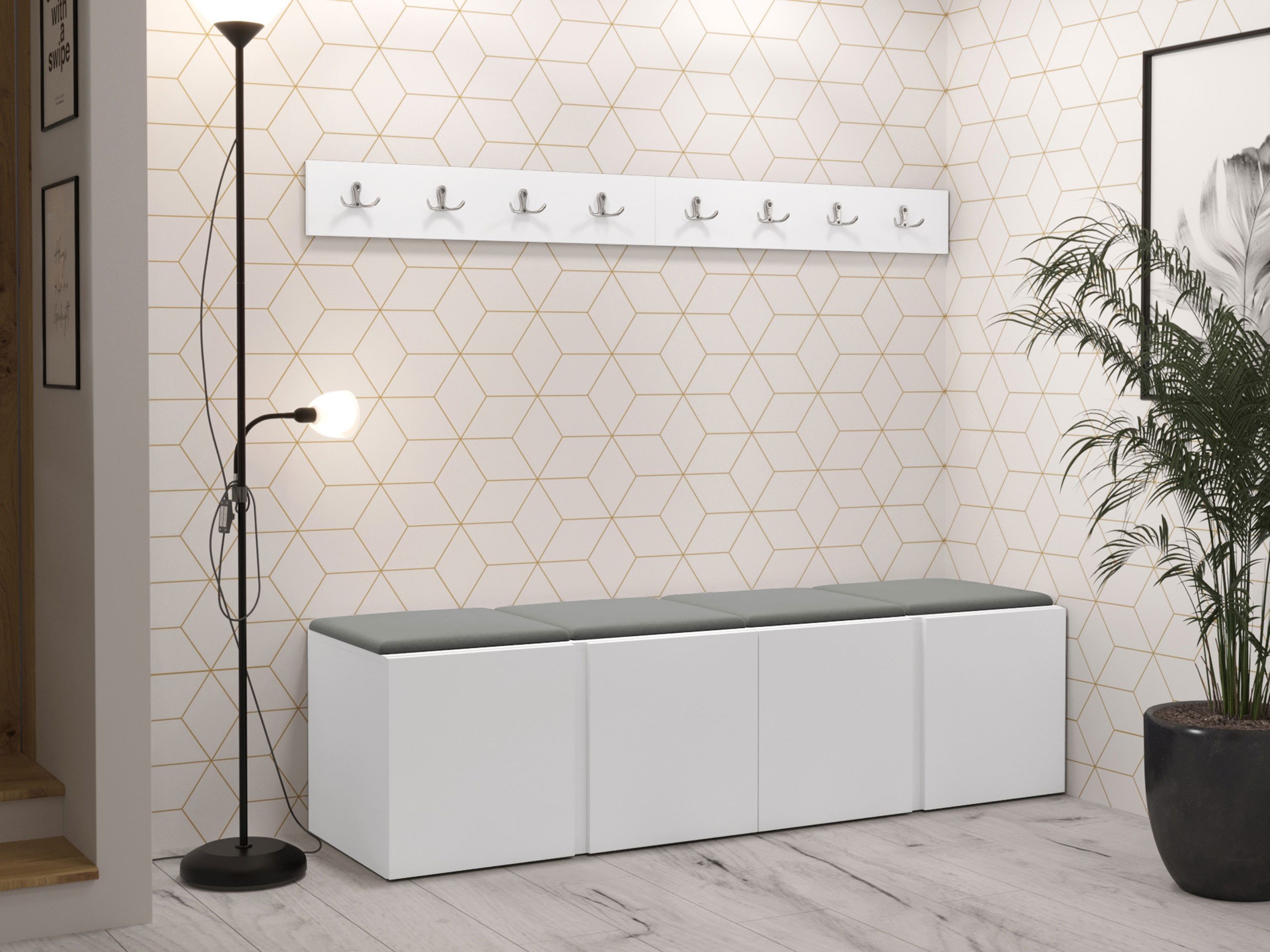 MIRJAN24 Garderoben-Set Orion VII, (Komplett-Set, 2x Schuhschrank, 2x Kleiderhakenbrett, Gepolstertes Paneel 4x 42x42), Auswahl aus Fronten und Polsterplatten