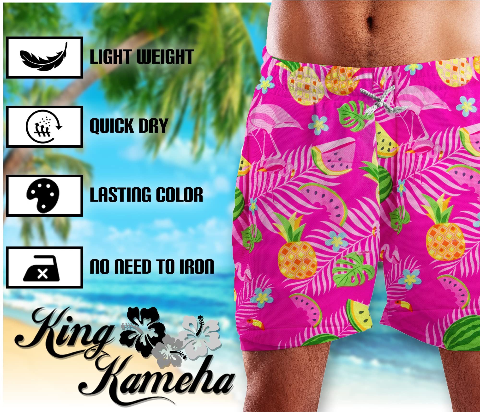 King Kameha Badeshorts Flamingo Melone Hawaii Bade-Shorts Mesh-Einsatz Verschluss Kordelzug Mit integriertem Mesh-Innenslip für extra Komfort