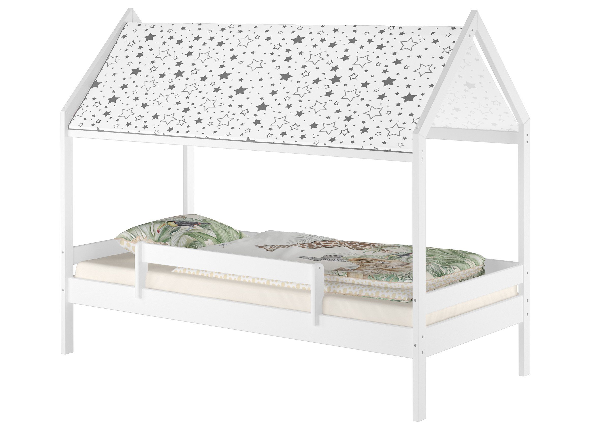 ERST-HOLZ Hausbett Bett mit Himmel mit Kieferwaschweiß Weißes Fallschutz und Dach, Himmelbett