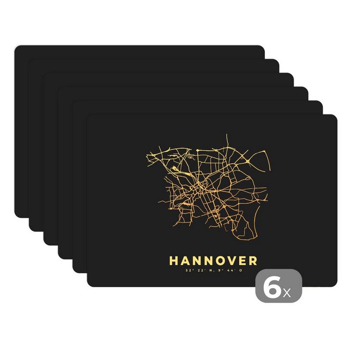 Platzset Schwarz und Gold - Karte - Hannover - Stadtplan - Straßenplan MuchoWow (6-St) Platzset Platzdecken Platzmatte Tischmatten Schmutzabweisend