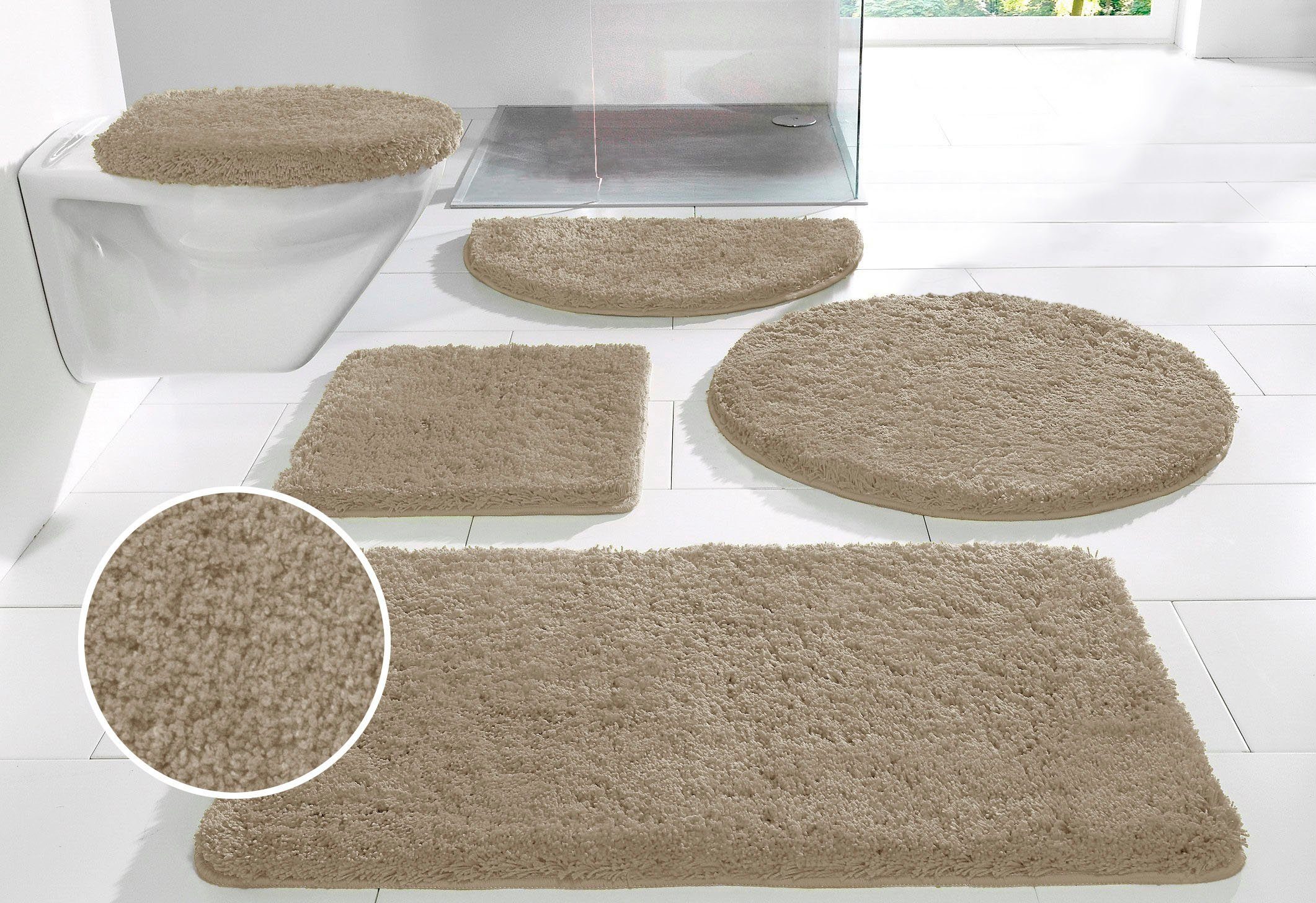 OTTO home Badematte Sanremo, Standard & Premium, 30mm oder 35mm, sehr weich, rutschhemmend beschichtet, schnell trocknend, fußbodenheizungsgeeignet, Polyester, rund, Badteppich, unifarben, rechteckig, rund & als 3-tlg. Set erhältlich
