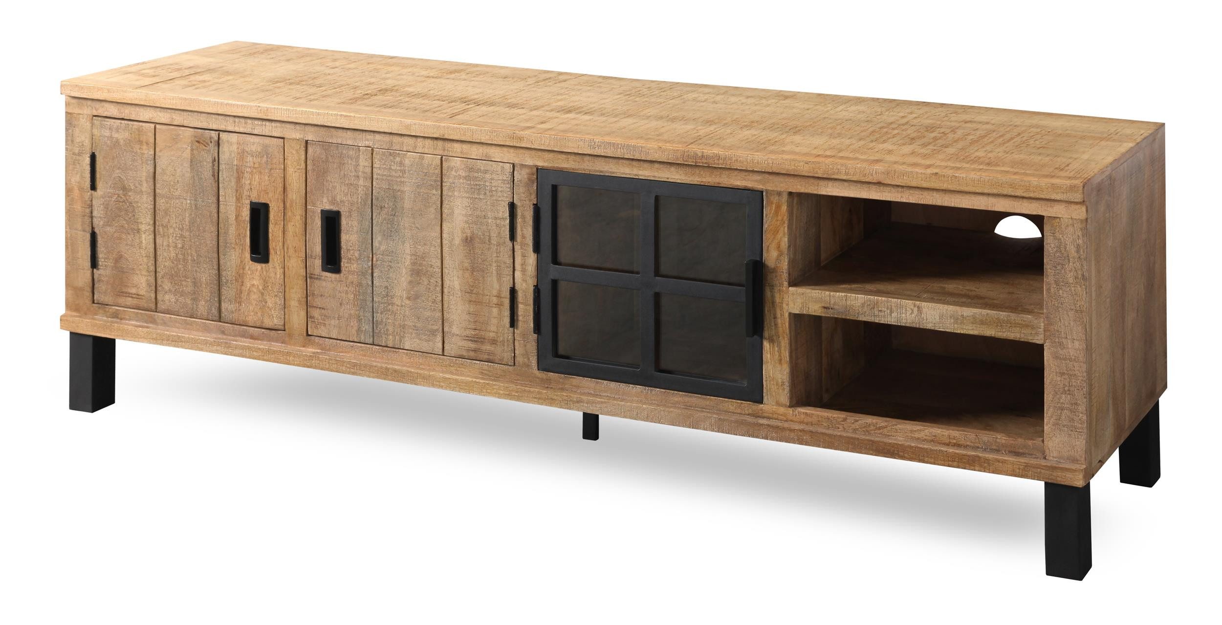 WOLF MÖBEL Sideboard (175 x 40 x 60), KALI Lowboard mit 2 Holz-/ 1 Glastür, 2 Abl., Licht