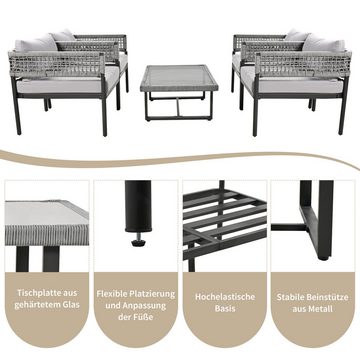 Tongtong Gartenlounge-Set Gartenmöbel-Set aus Seil, verstellbare Füße, glatte Glastischplatte, (4er-Set, inklusive aller Sitz- und Rückenkissen)