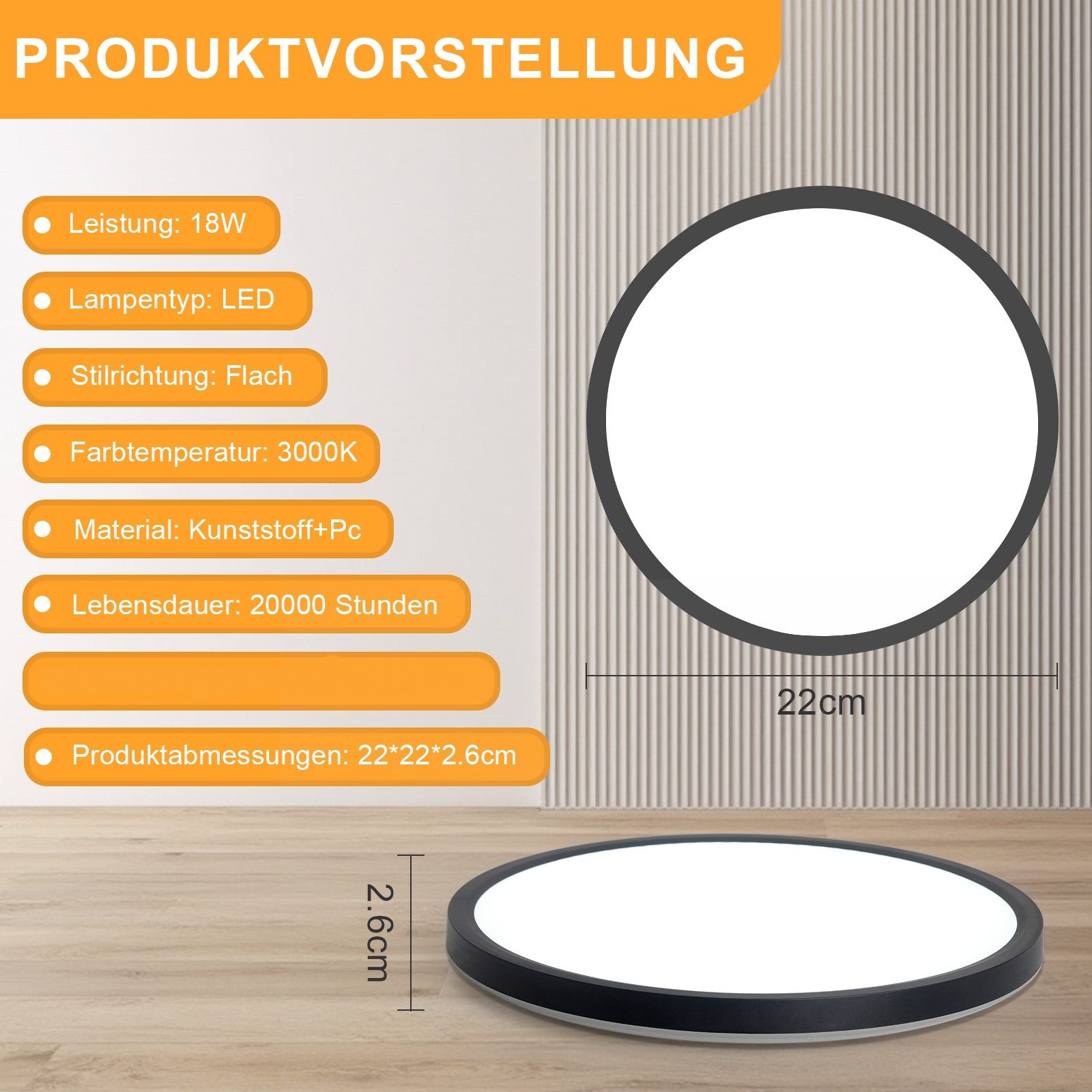 ZMH LED Deckenleuchte Wohnzimmer Ø22/30CM Modern Schwarz/Weiß Rund Deckenlampe Flur, LED fest integriert, Warmweiß, 18W Schlafzimmerlampe 3000K für Flur – Bild 3 von 5