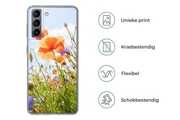 MuchoWow Handyhülle Blumen - Mohn - Frühling - Natur - Rot - Blau, Phone Case, Handyhülle Samsung Galaxy S21, Silikon, Schutzhülle