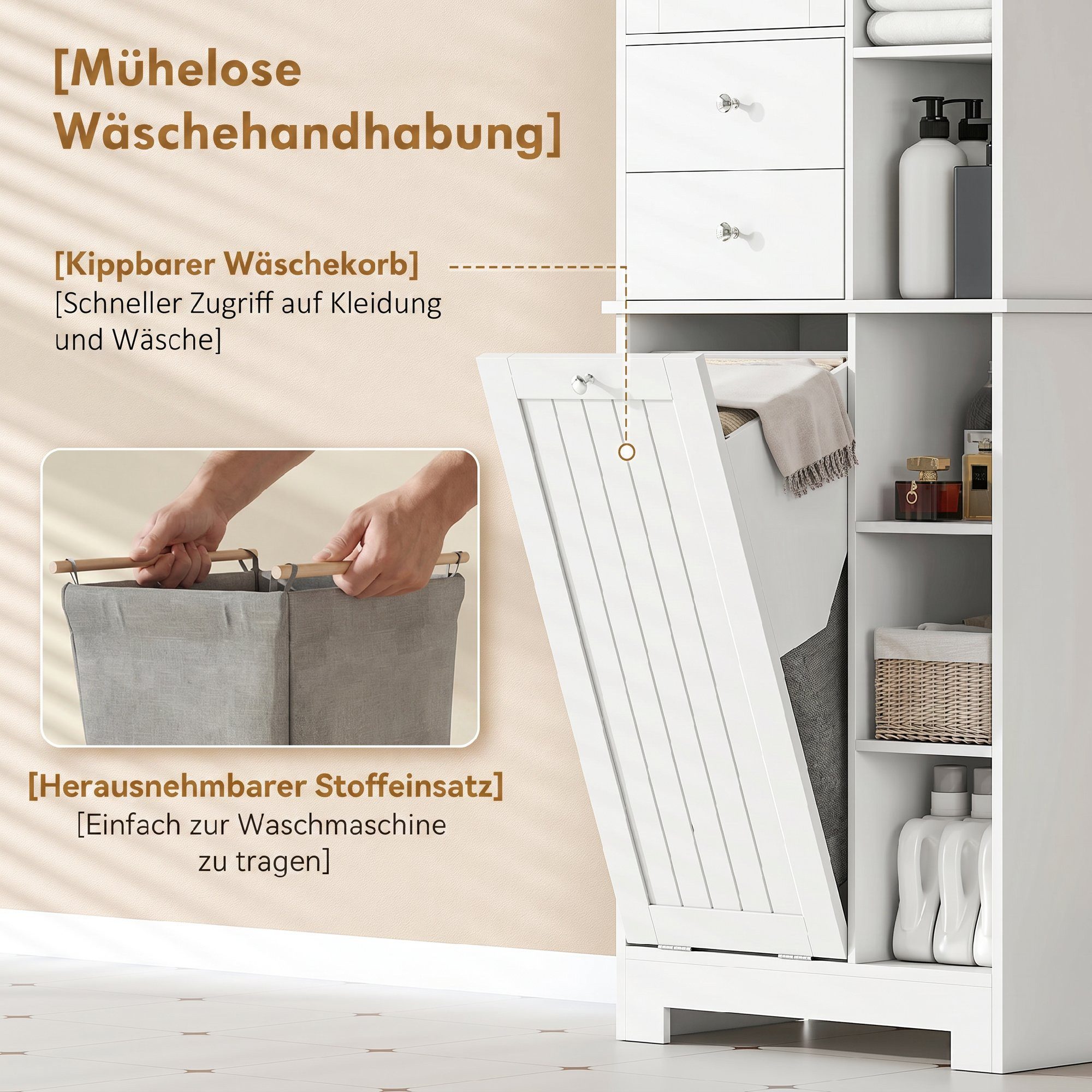 HOMCOM Badkommode Badezimmerschrank Hochschrank mit 2 Schubladen (Set, 1 St., Badschrank), Wäschekorb, Soft-Close, schmal – Bild 5 von 5