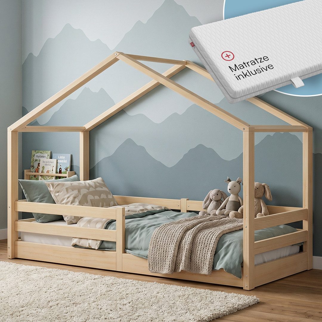 Bellabino Hausbett Abia Kinderbett mit Lattenrost und Rausfallschutz (natur, mit Matratze), Bodenbett 90x200 cm, verfügbar in verschiedenen Ausführungen