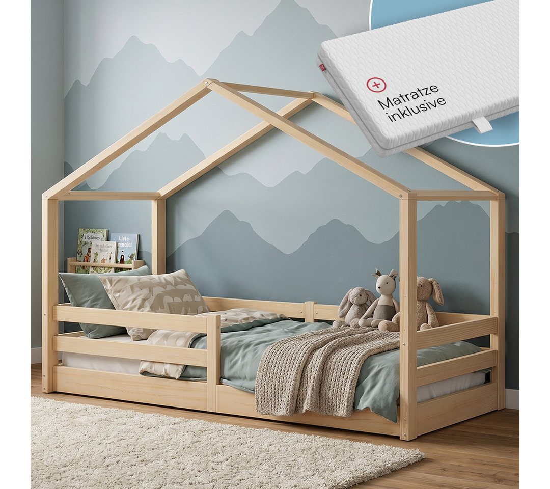 Bellabino Hausbett Abia Kinderbett mit Lattenrost und Rausfallschutz (natur, mit Matratze), Bodenbett 90x200 cm, verfügbar in verschiedenen Ausführungen